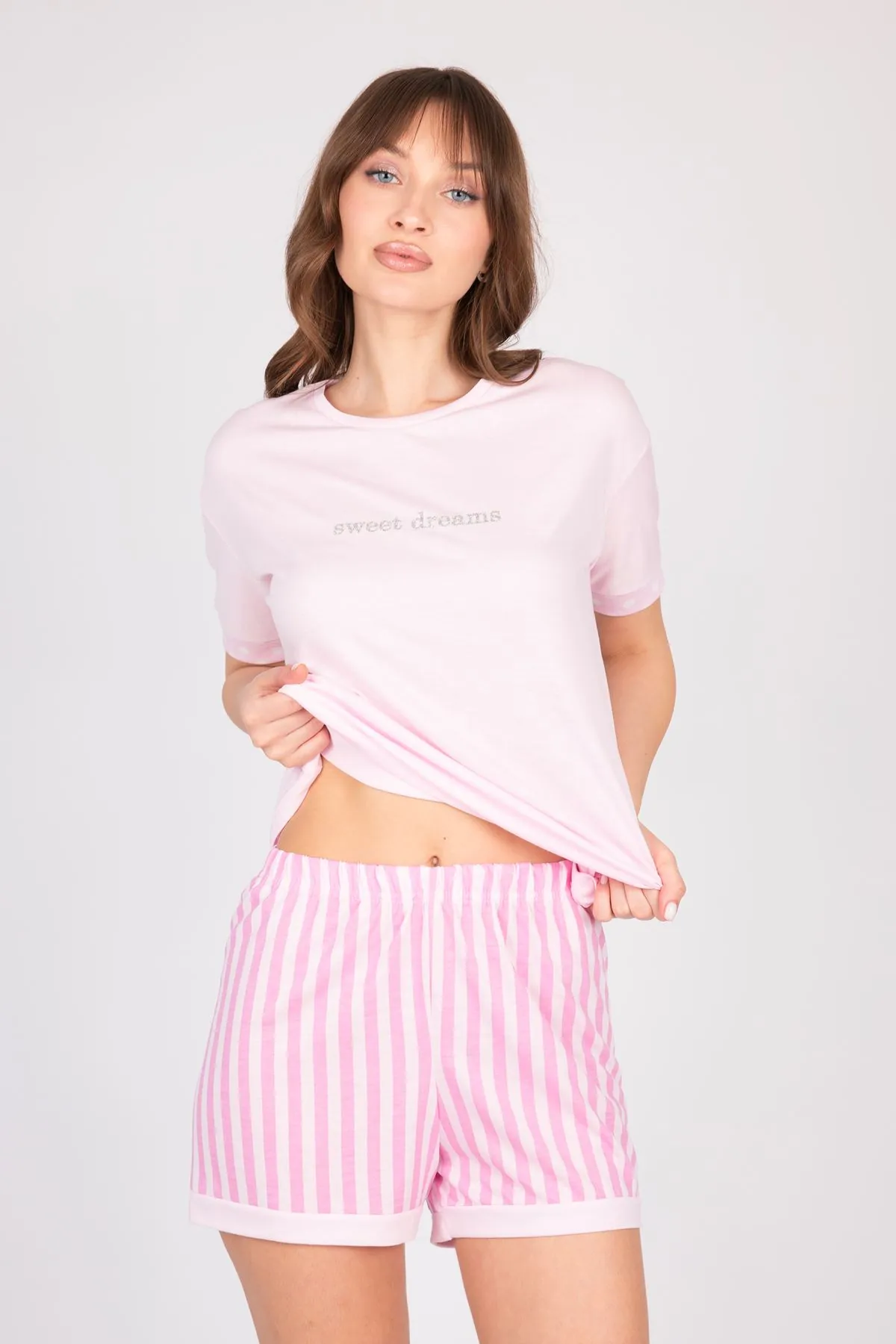 Women's Pink Shorts Summer Pajama Set with Stone Detail