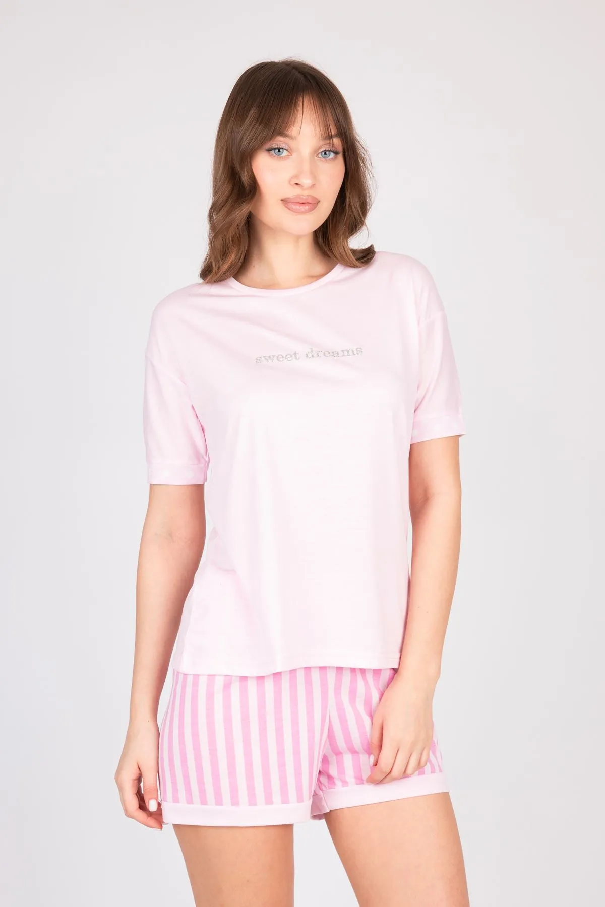 Women's Pink Shorts Summer Pajama Set with Stone Detail