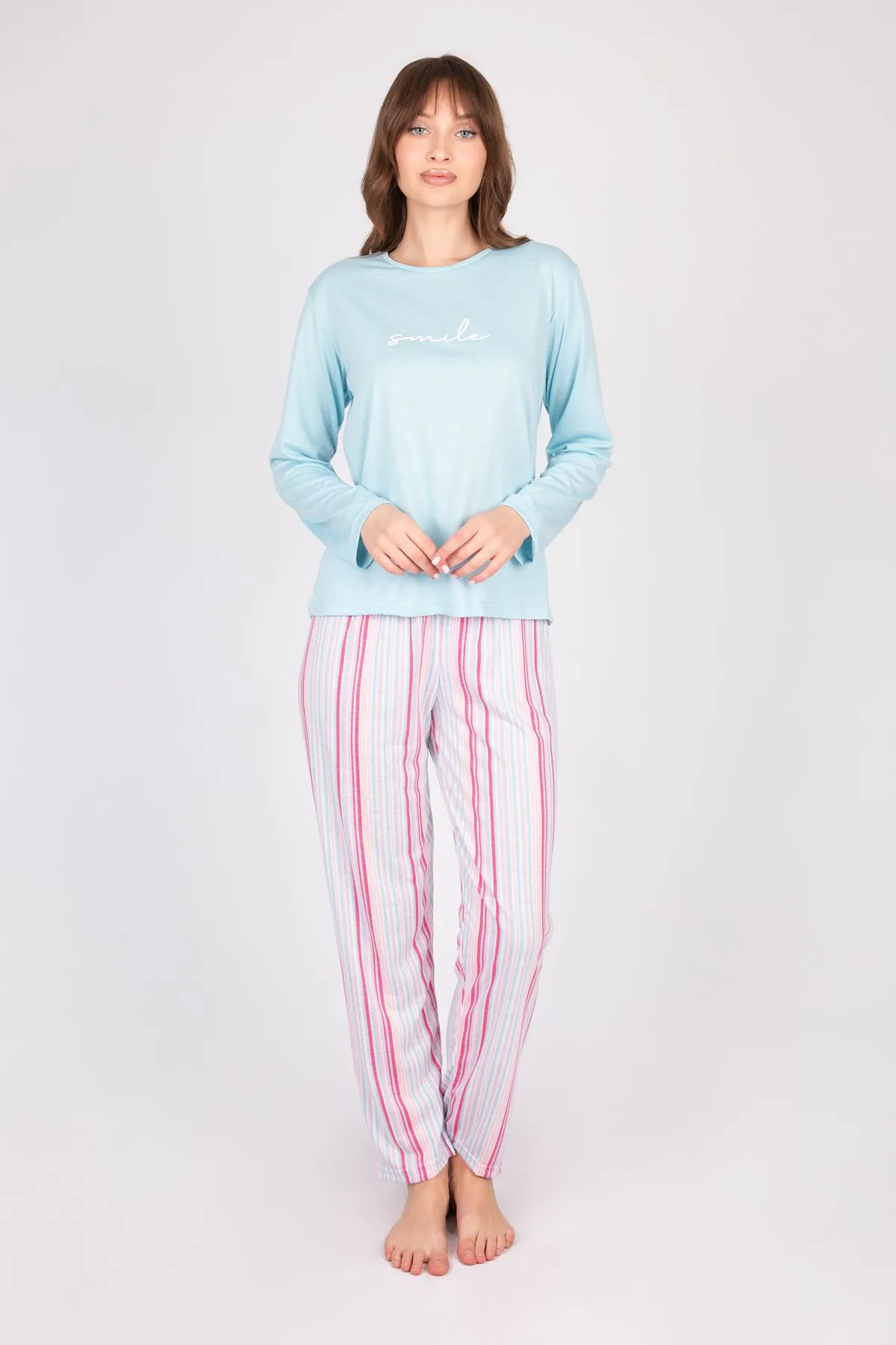 Kadın Uzun Kollu Yumuşak Dokulu Mavi Pijama Takımı