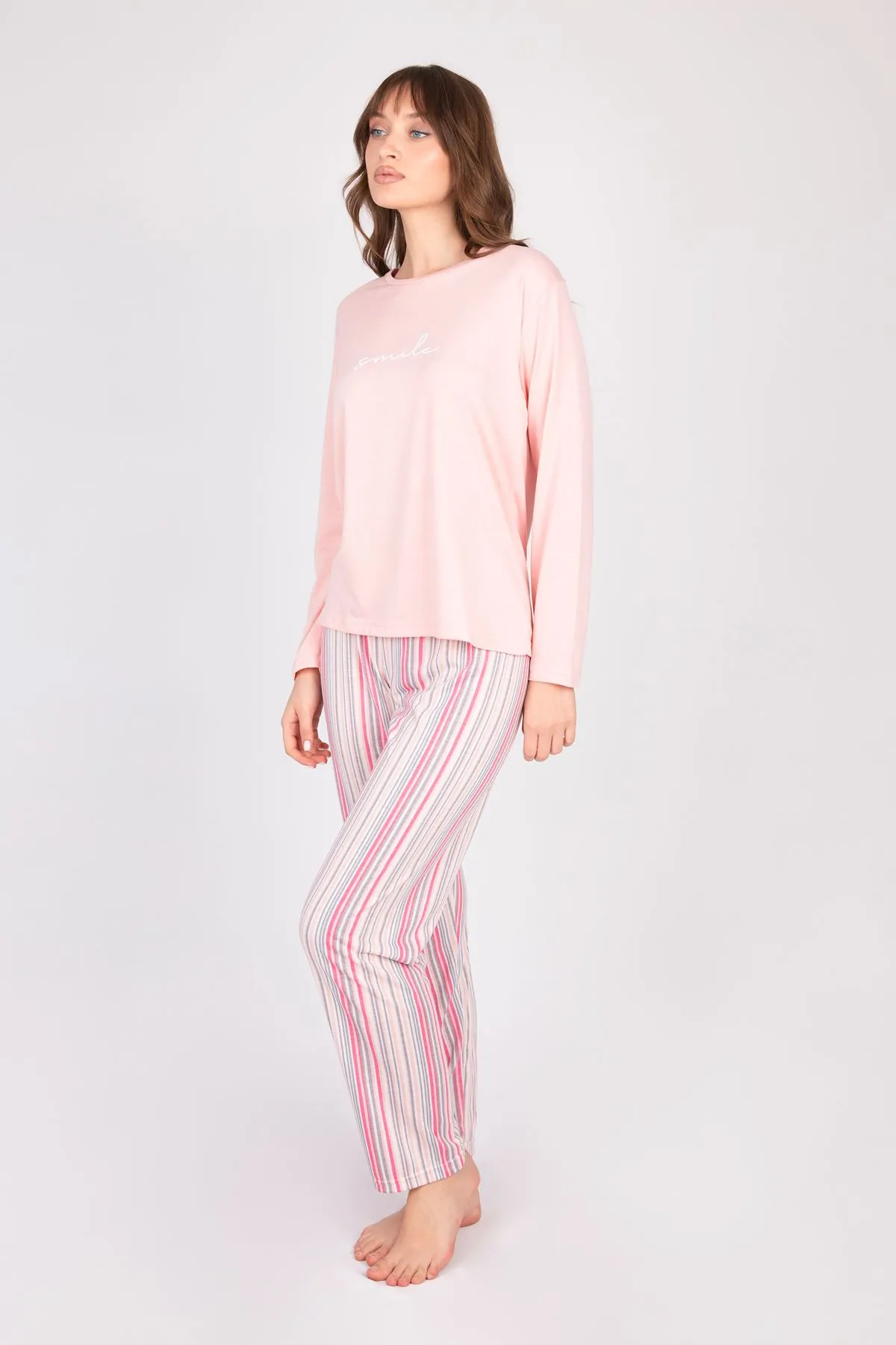 Women's Long-Sleeve Soft Textured Pink Pajama Set