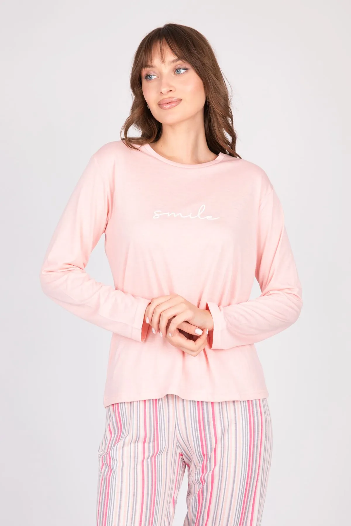 Women's Long-Sleeve Soft Textured Pink Pajama Set