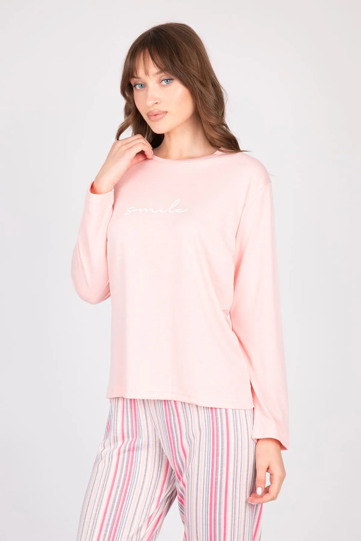 Women's Long-Sleeve Soft Textured Pink Pajama Set