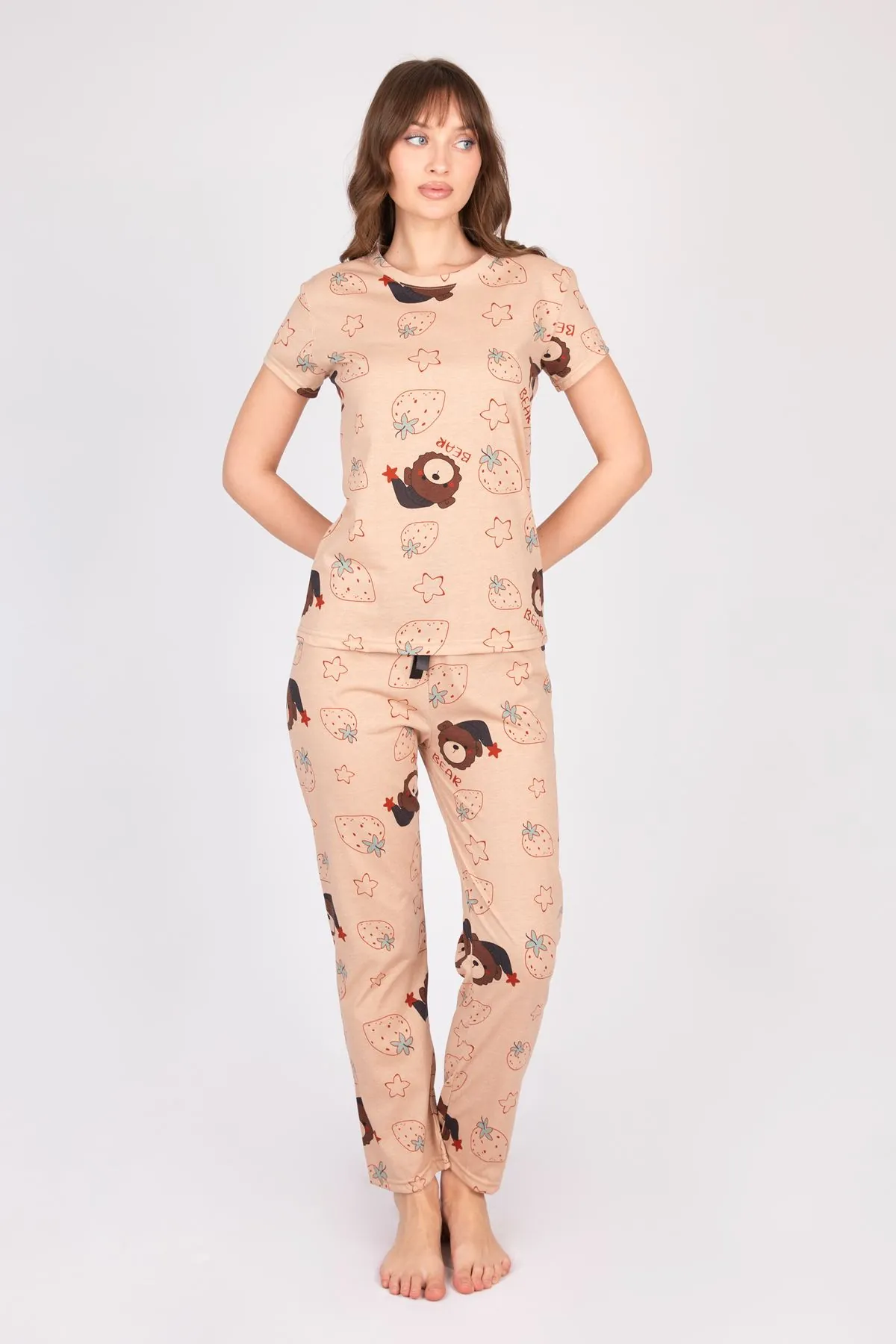 Women's Short Sleeve Cotton Teddy Bear and Strawberry Brown Patterned Pyjama Set