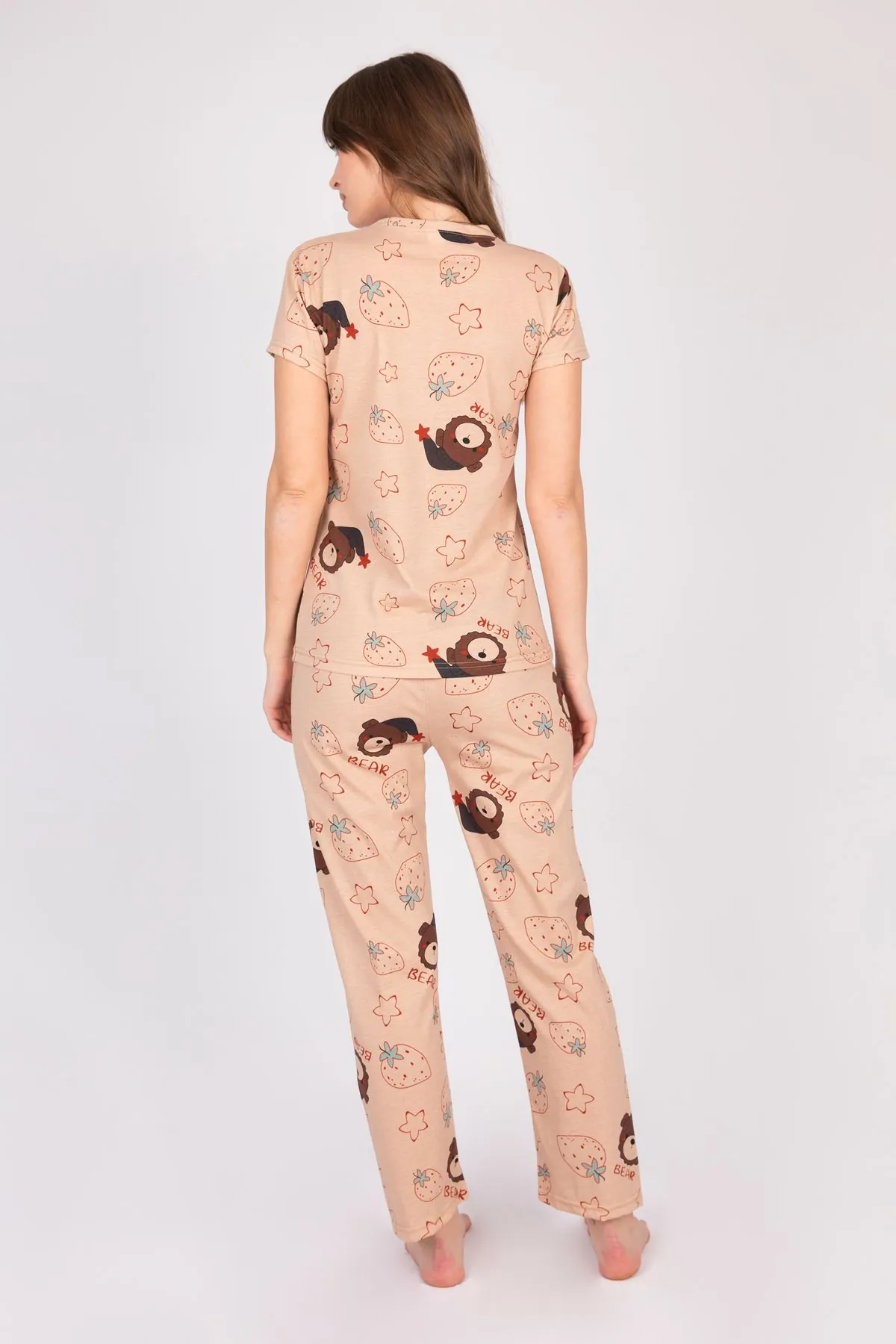 Women's Short Sleeve Cotton Teddy Bear and Strawberry Brown Patterned Pyjama Set