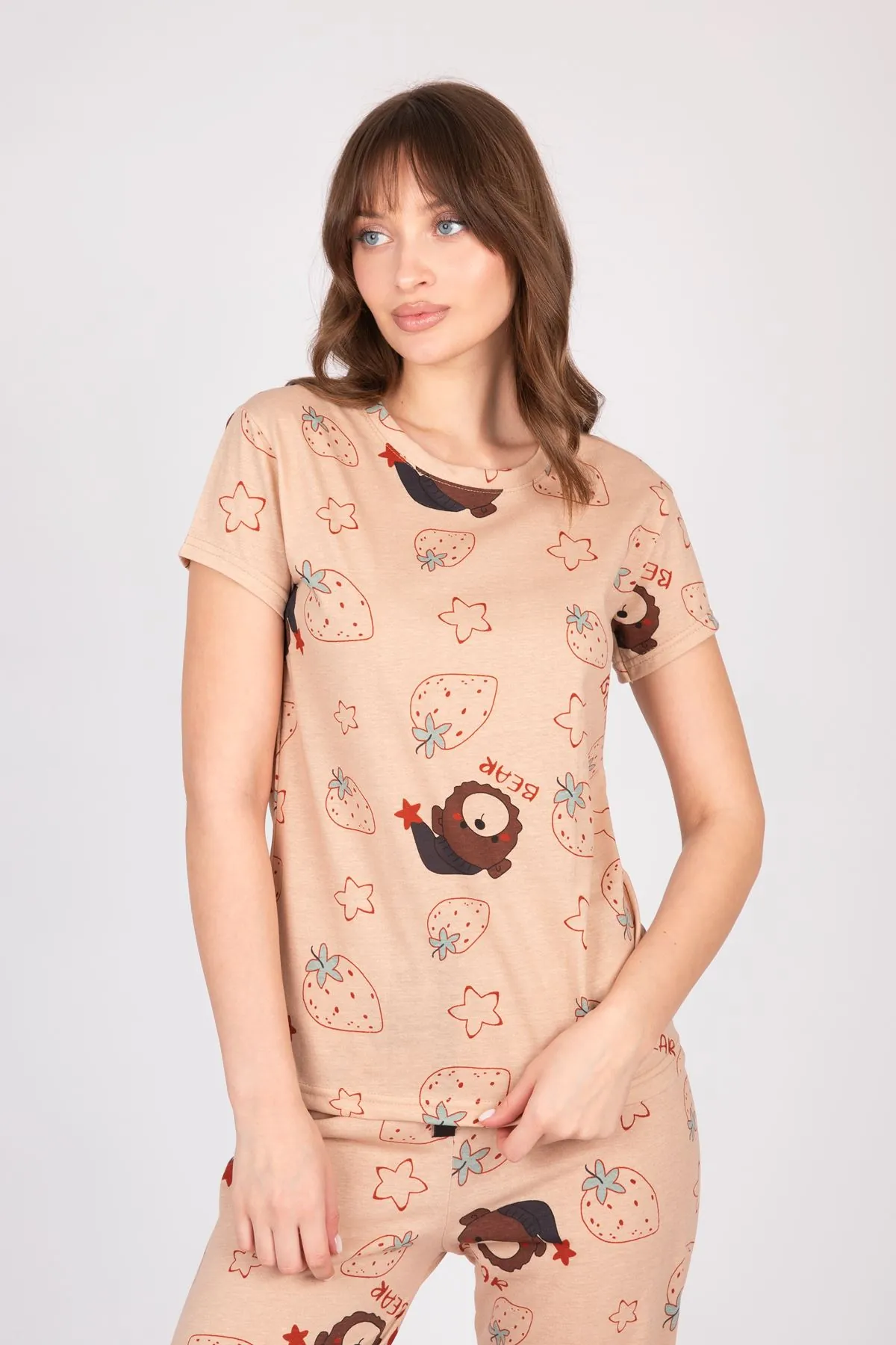 Women's Short Sleeve Cotton Teddy Bear and Strawberry Brown Patterned Pyjama Set