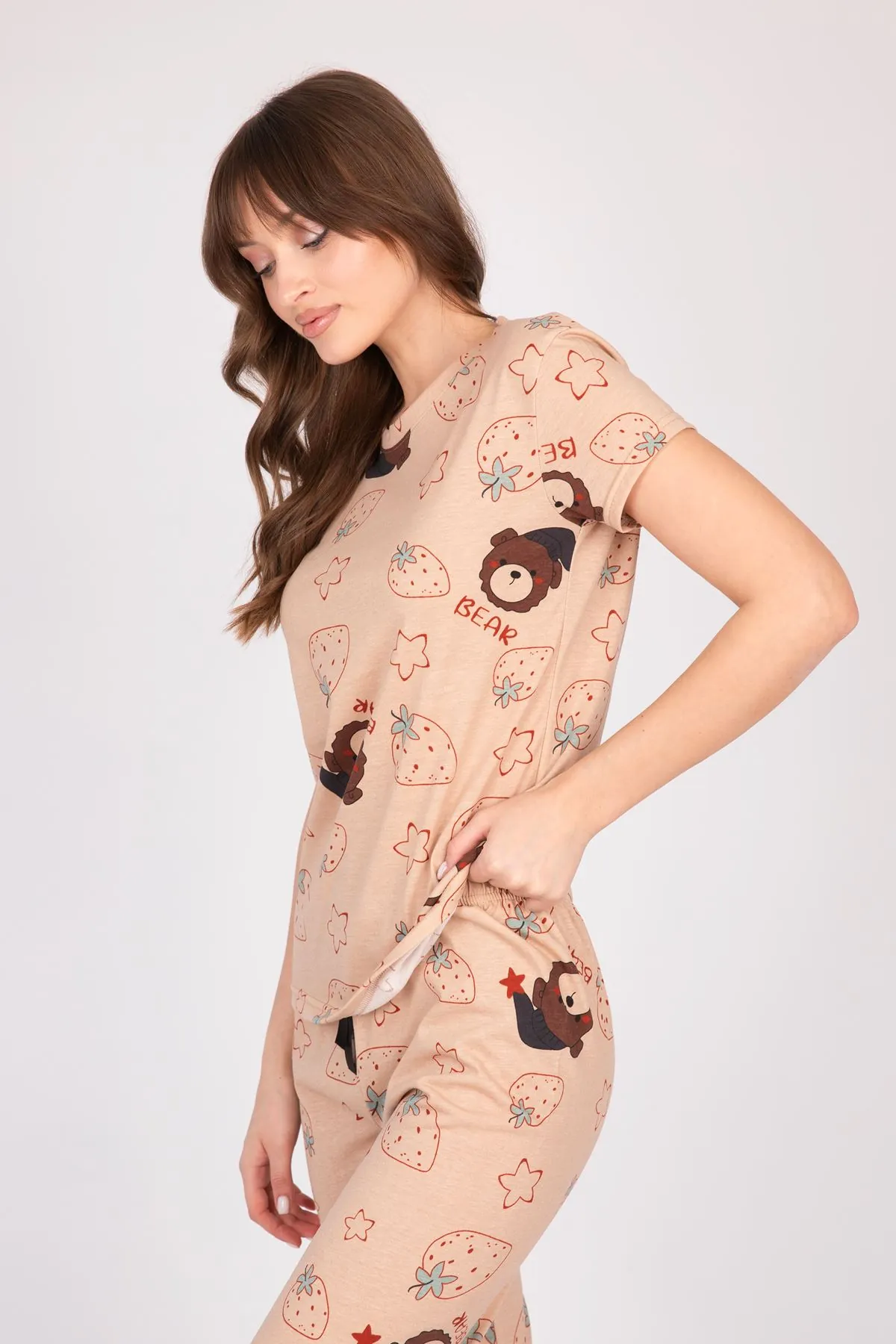 Women's Short Sleeve Cotton Teddy Bear and Strawberry Brown Patterned Pyjama Set