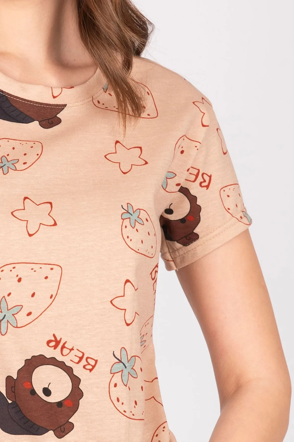 Women's Short Sleeve Cotton Teddy Bear and Strawberry Brown Patterned Pyjama Set