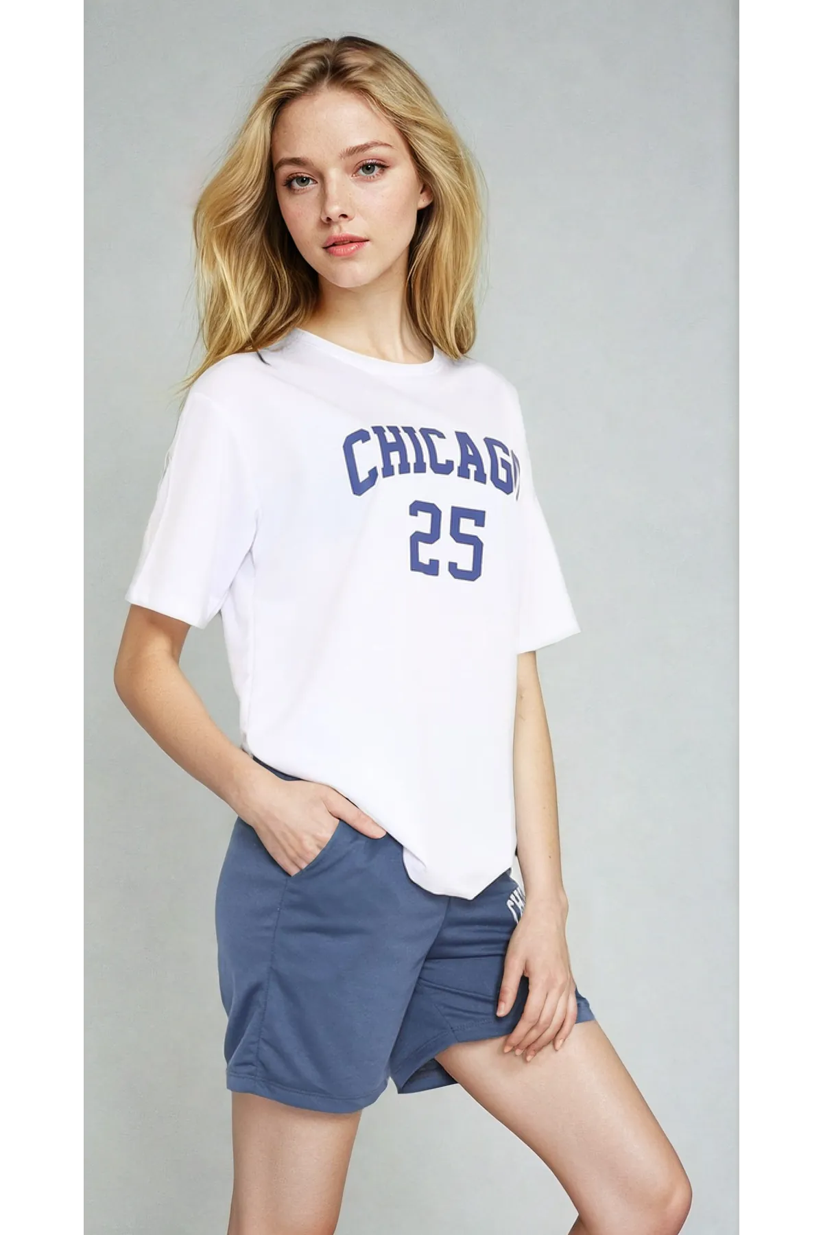 Kadın İndigo Mavi Şortlu Oversize Pijama Takımı