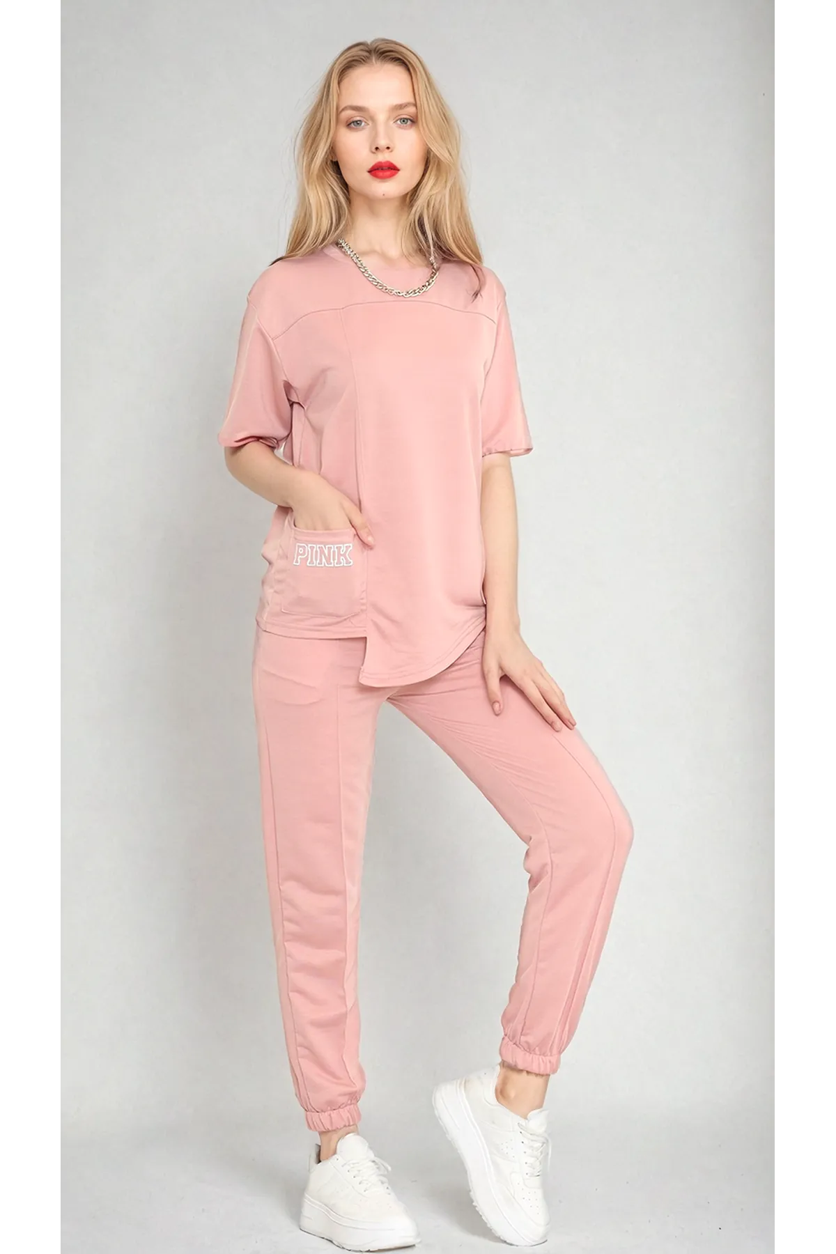  Women's Rose Pink Short-Sleeve Asymmetric Sweatsuit