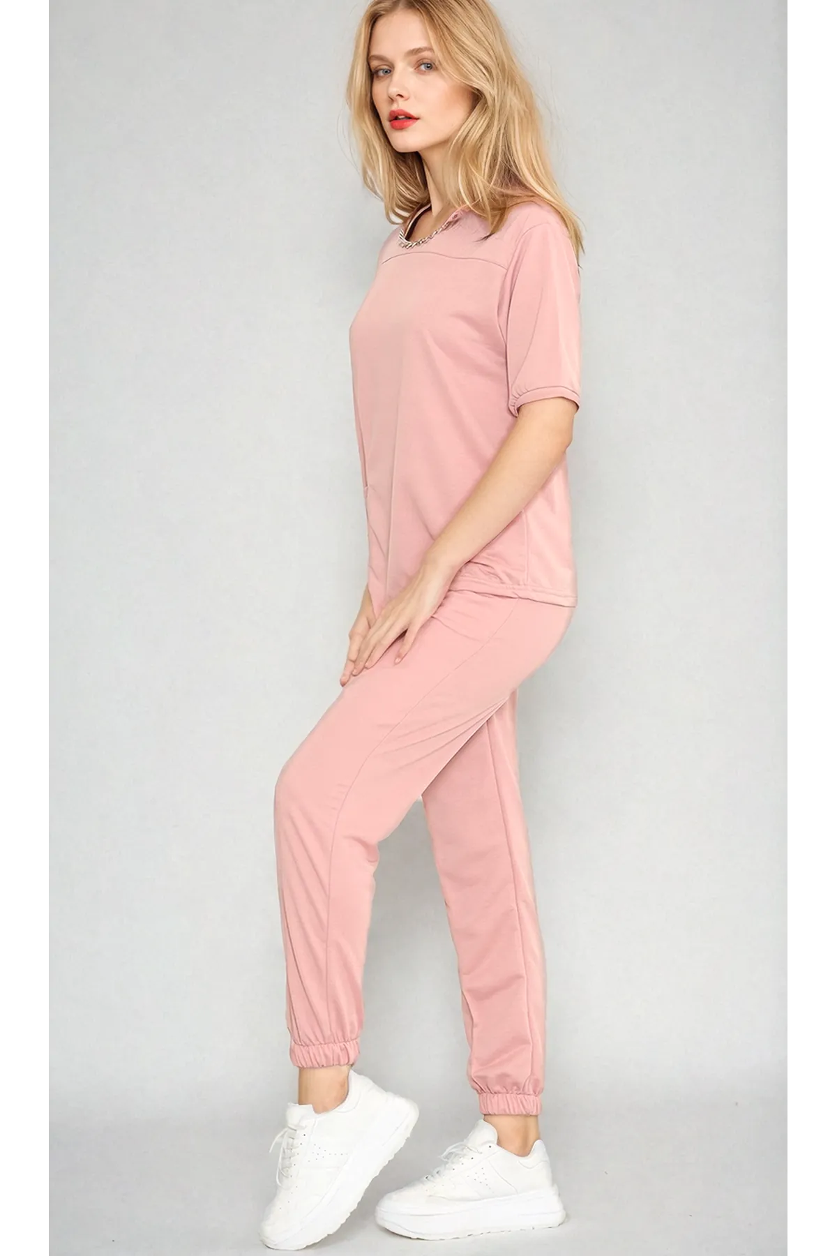  Women's Rose Pink Short-Sleeve Asymmetric Sweatsuit