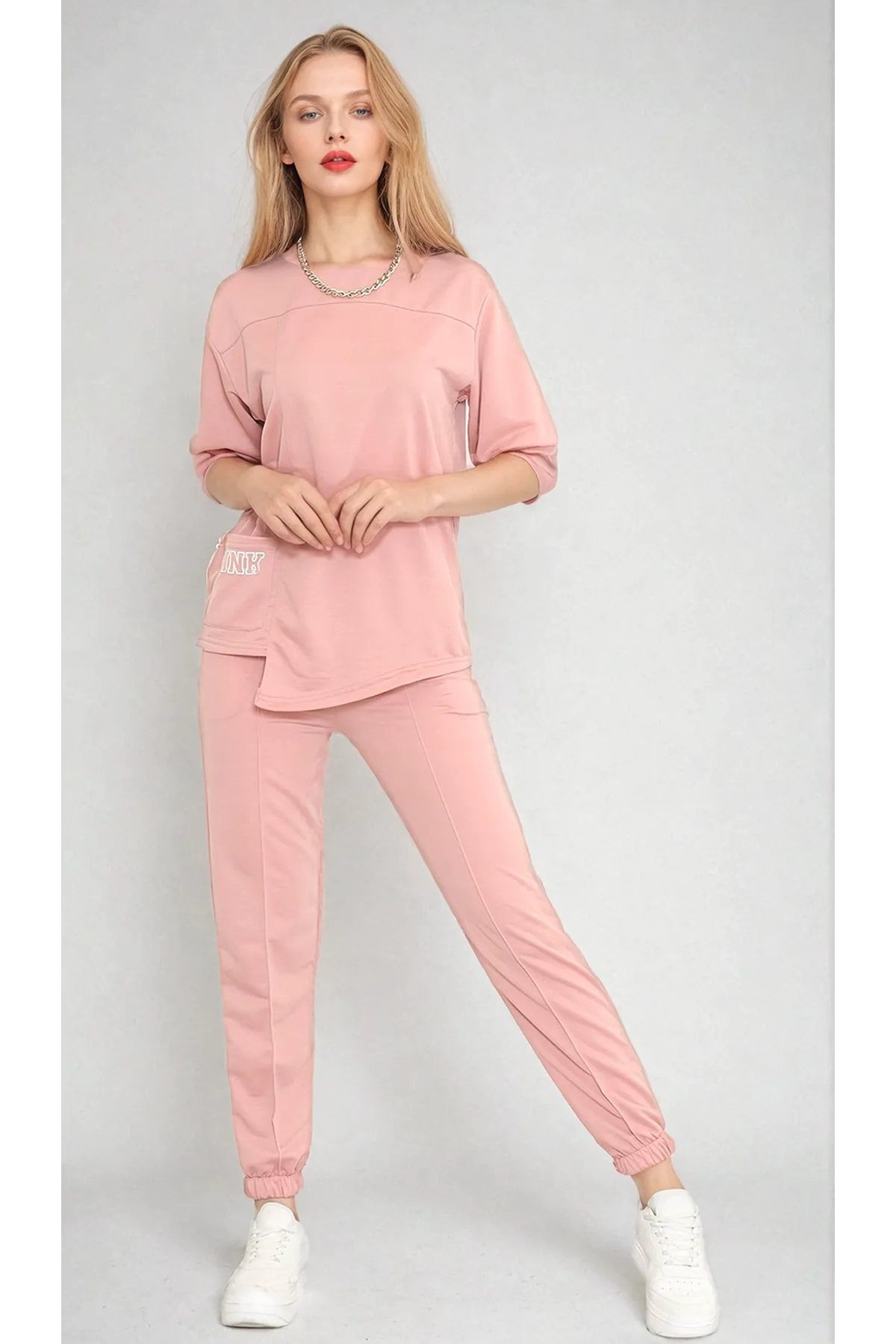  Women's Rose Pink Short-Sleeve Asymmetric Sweatsuit
