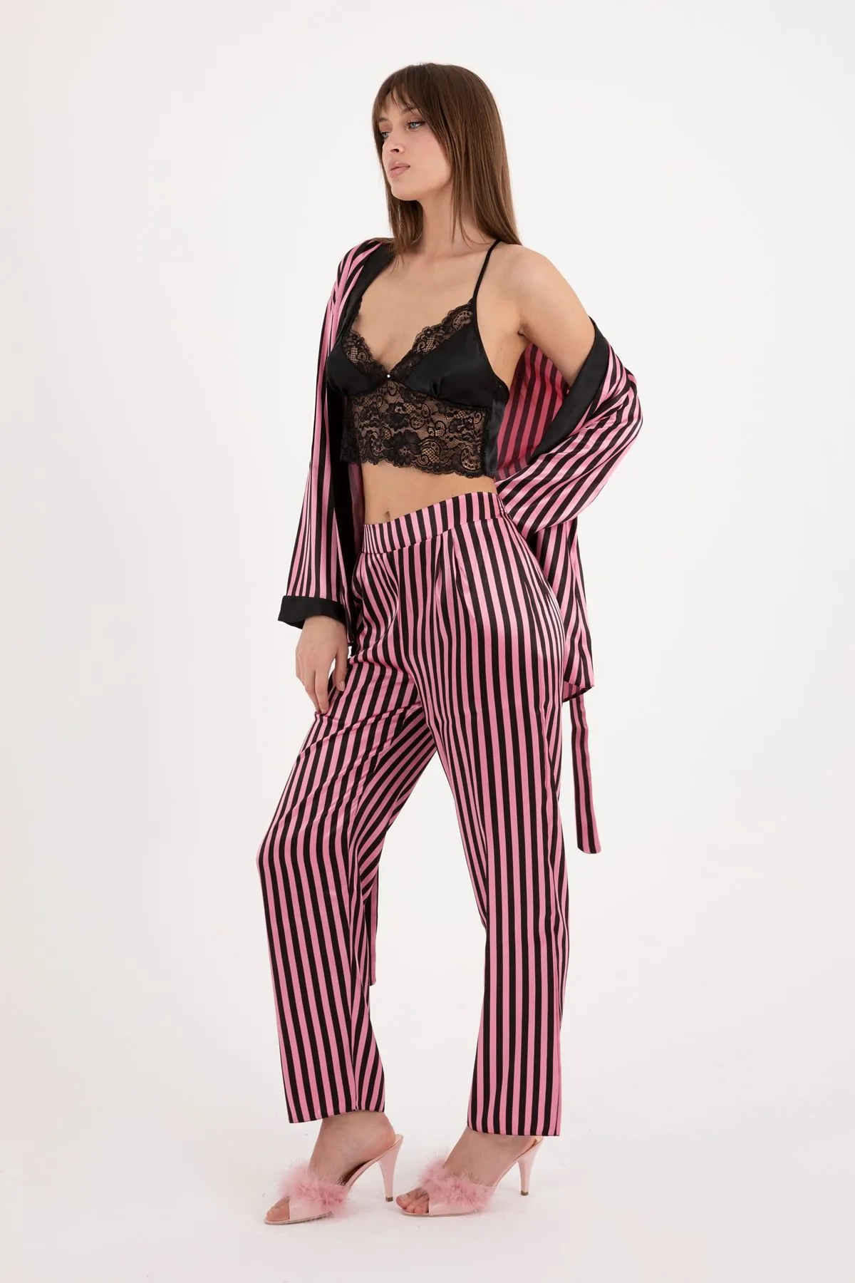 Women's Triple Piece Pink Satin Pyjama Set with Robe