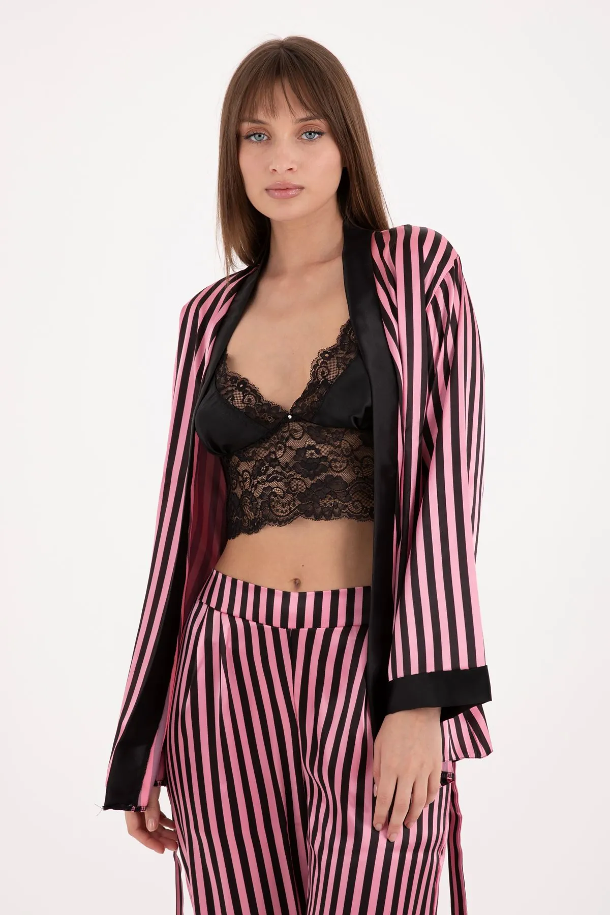 Women's Triple Piece Pink Satin Pyjama Set with Robe