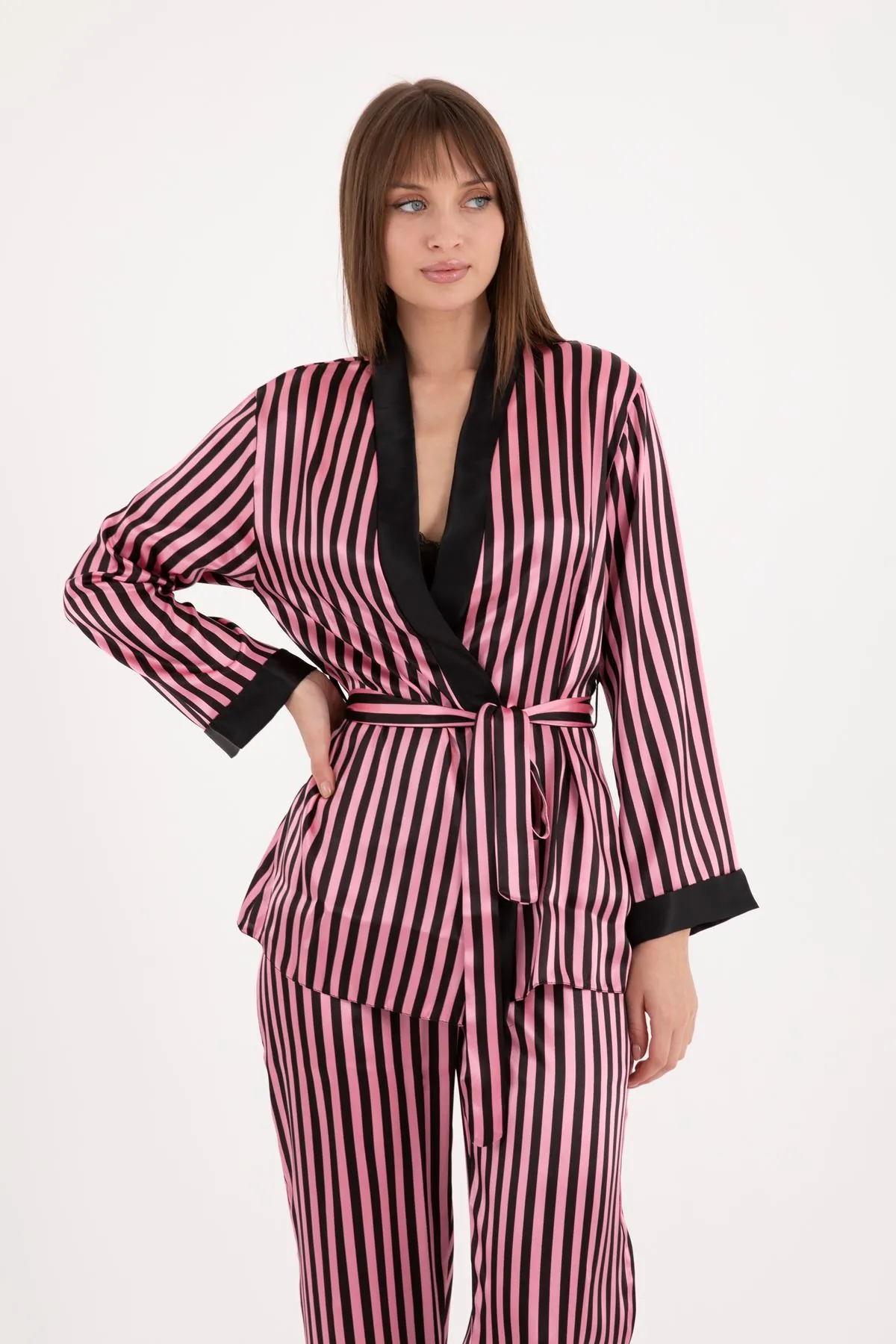 Women's Triple Piece Pink Satin Pyjama Set with Robe