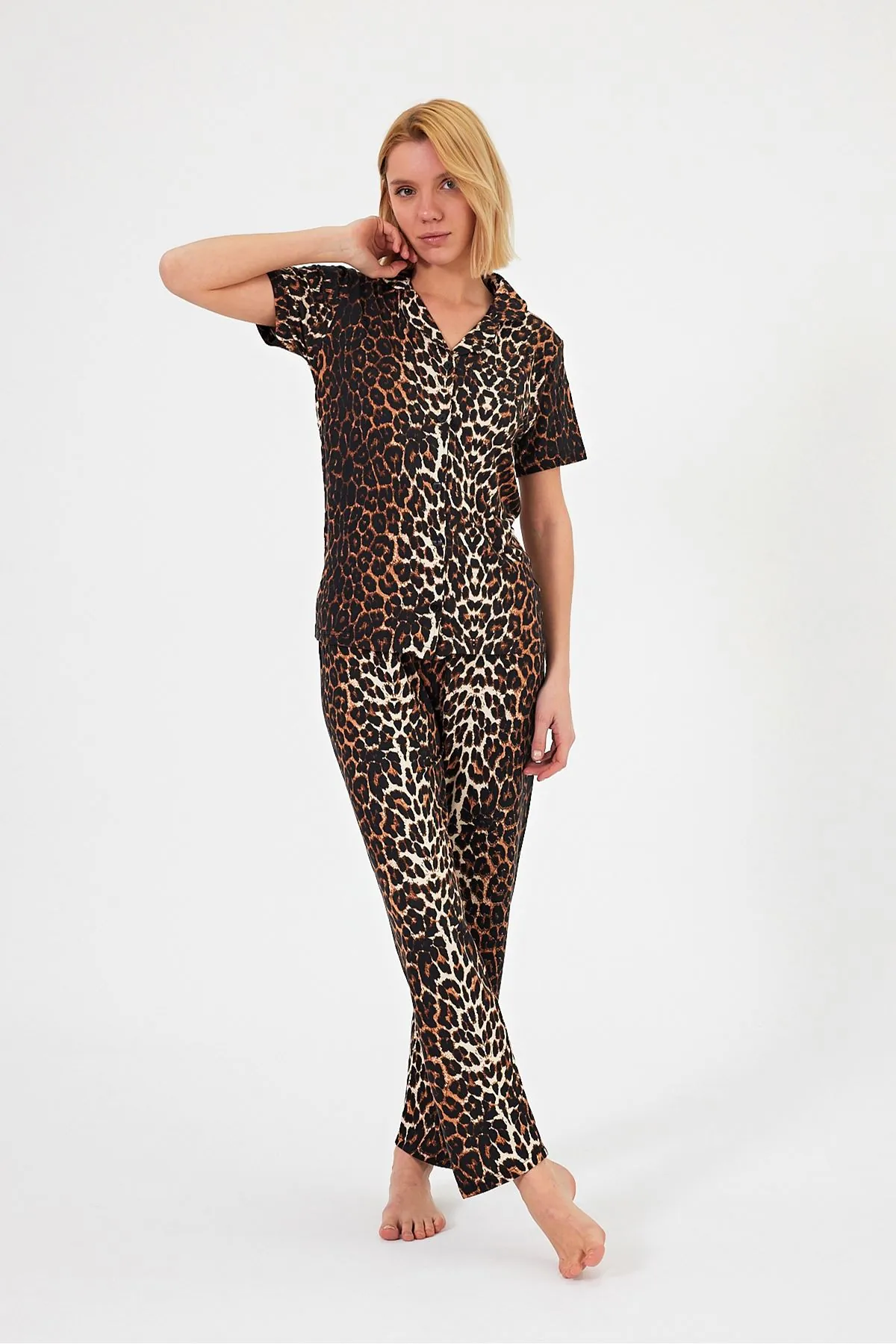 Women's Soft Textured 100% Cotton Leopard Pattern Brown Short Sleeve Shirt Collar Pyjama Set