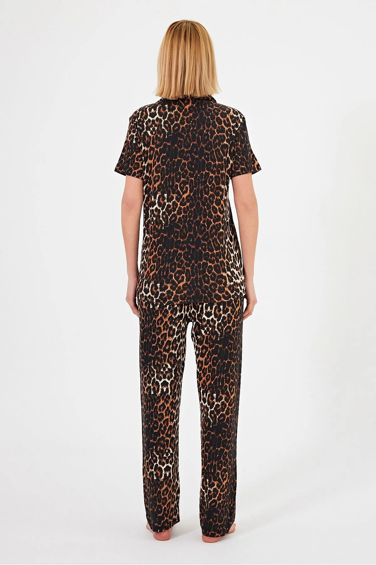 Women's Soft Textured 100% Cotton Leopard Pattern Brown Short Sleeve Shirt Collar Pyjama Set
