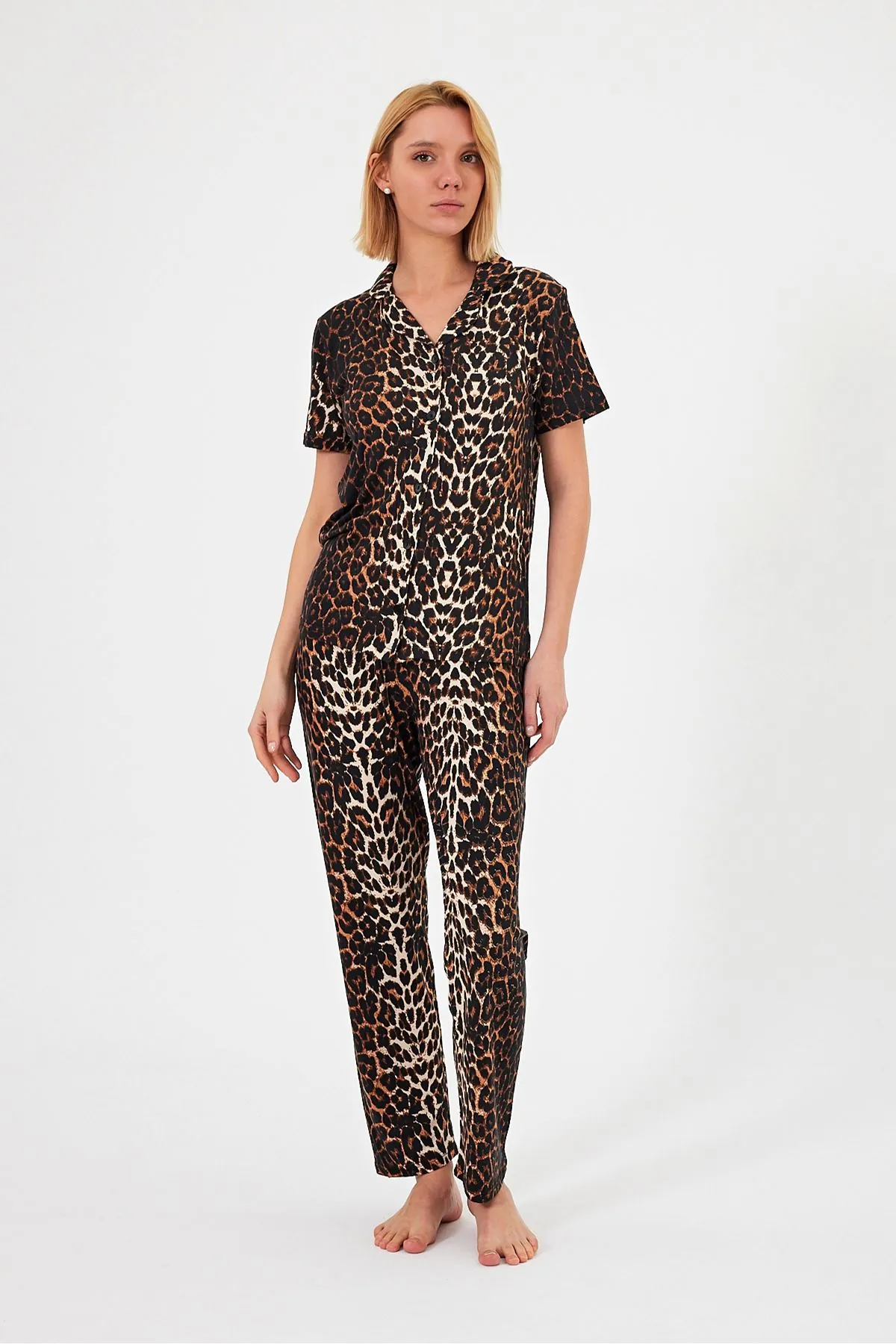 Women's Soft Textured 100% Cotton Leopard Pattern Brown Short Sleeve Shirt Collar Pyjama Set