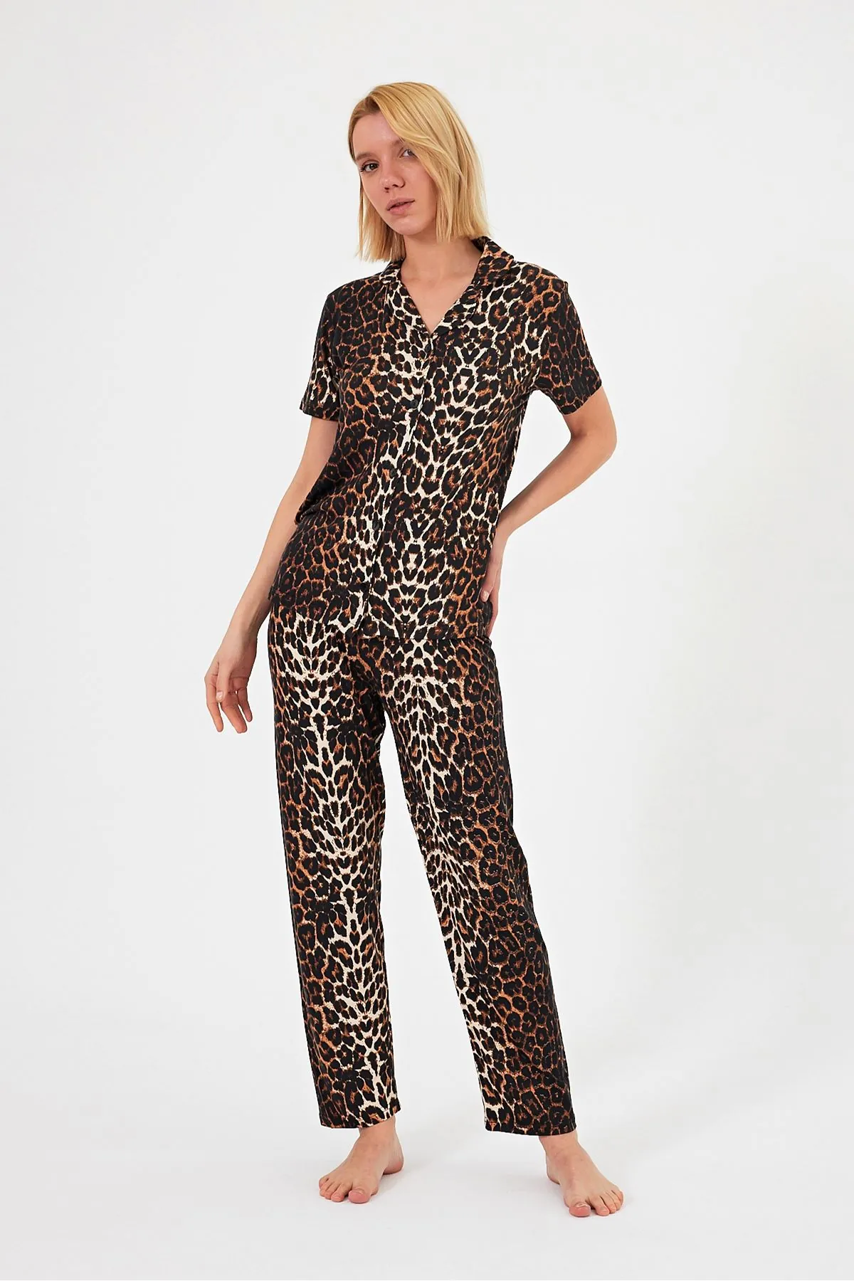 Women's Soft Textured 100% Cotton Leopard Pattern Brown Short Sleeve Shirt Collar Pyjama Set