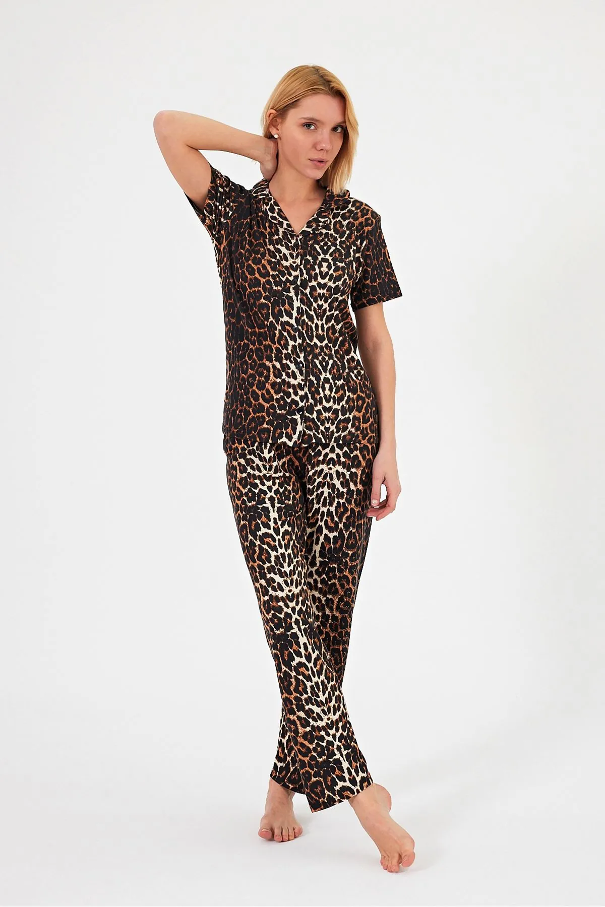 Women's Soft Textured 100% Cotton Leopard Pattern Brown Short Sleeve Shirt Collar Pyjama Set