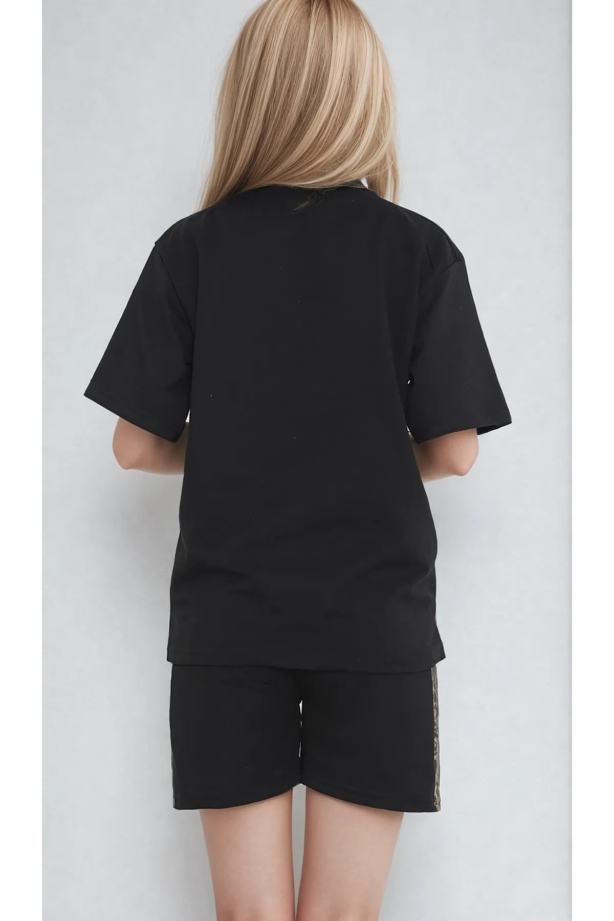 Women's Black Leopard Patterned Short Sleeve Summer Shorts Sweatsuit