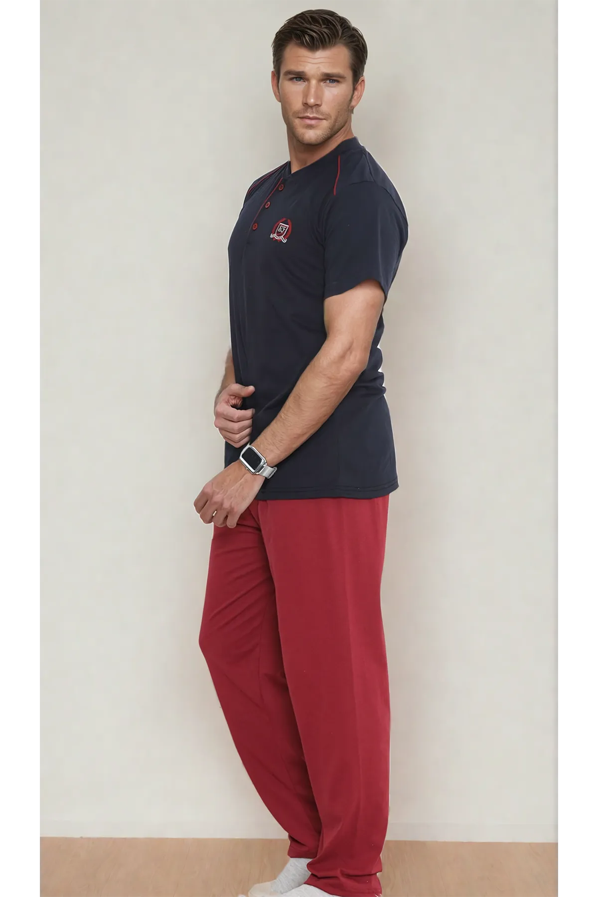 Erkek Düğmeli Kısa Kollu Yazlık Lacivert Bordo Pamuklu Pijama Takımı