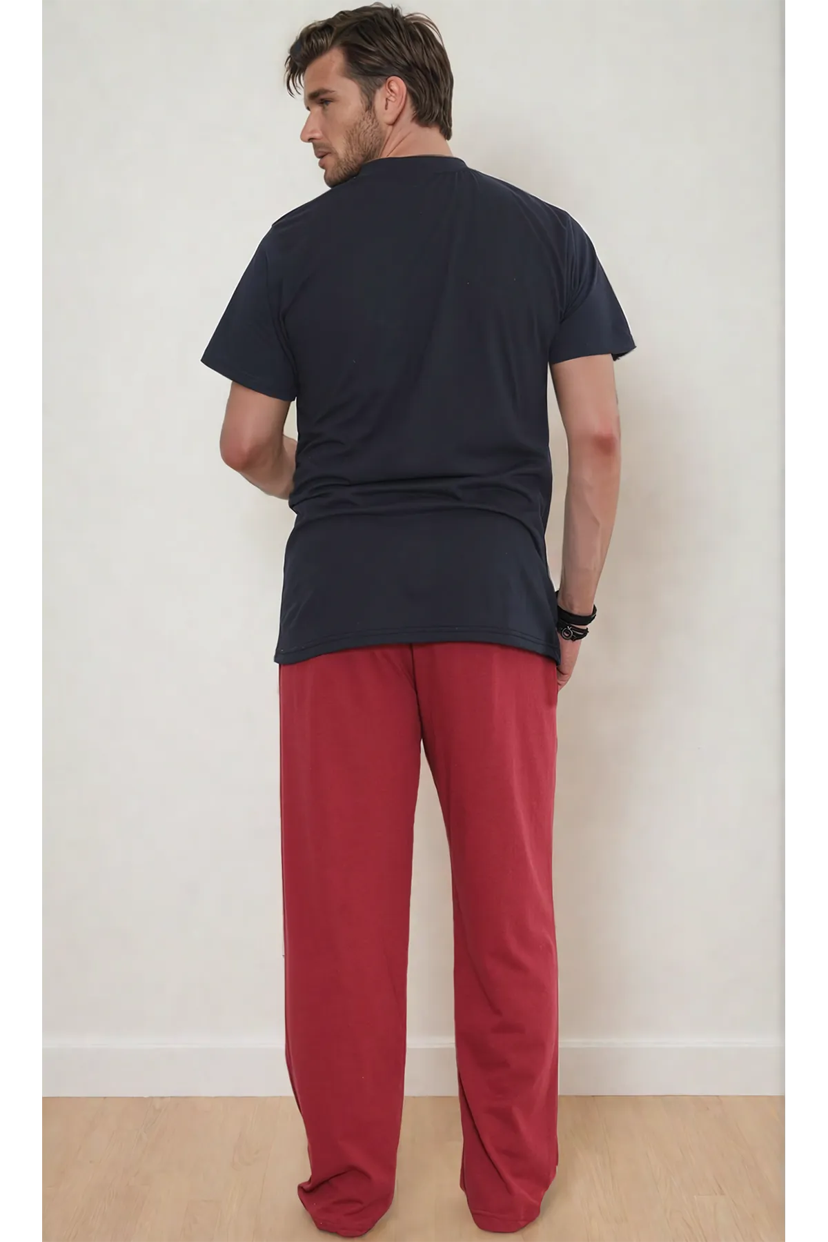 Erkek Düğmeli Kısa Kollu Yazlık Lacivert Bordo Pamuklu Pijama Takımı