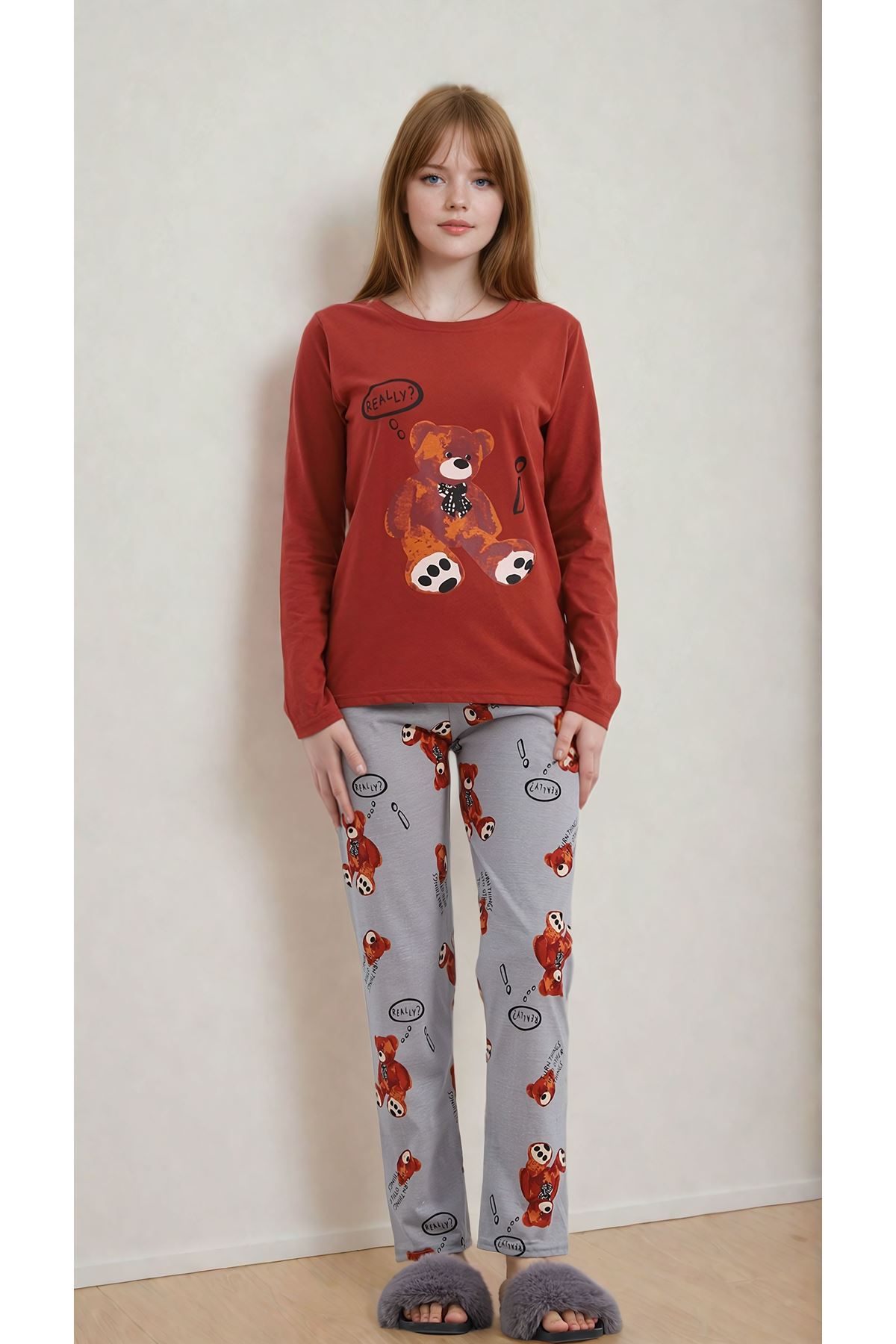 Kadın Uzun Kollu Çok Renkli Bisiklet Yaka Ayıcıklı Pijama Takımı