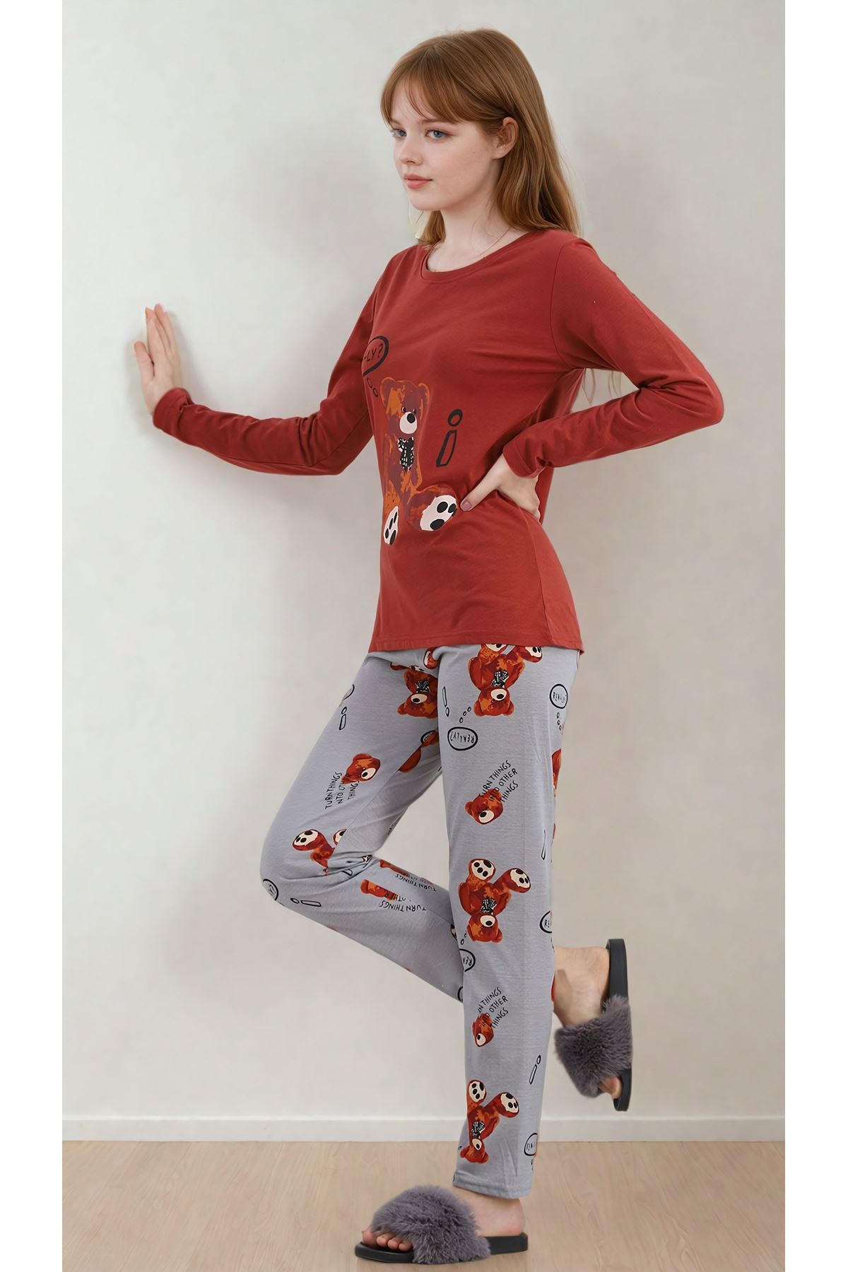 Kadın Uzun Kollu Çok Renkli Bisiklet Yaka Ayıcıklı Pijama Takımı