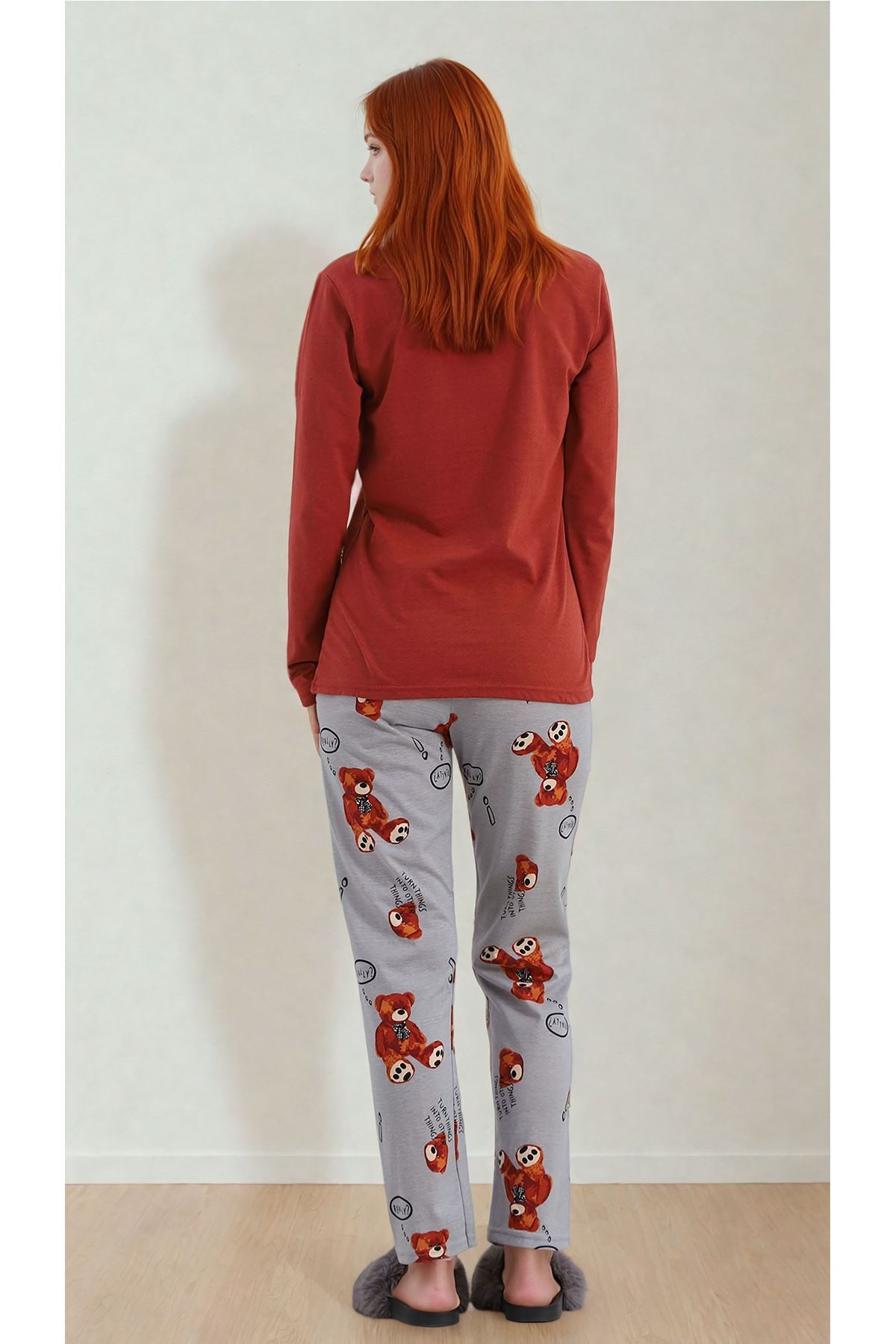 Kadın Uzun Kollu Çok Renkli Bisiklet Yaka Ayıcıklı Pijama Takımı