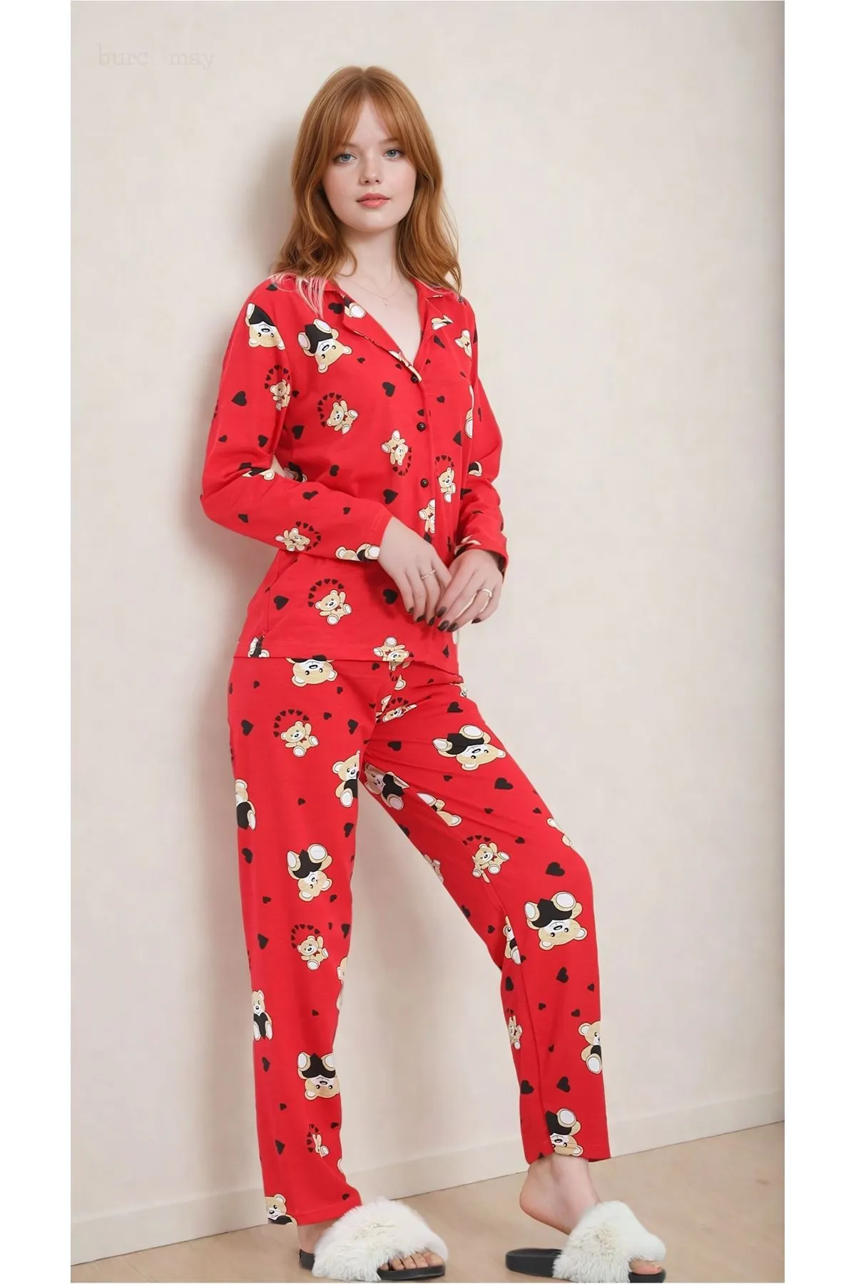 Kadın Ayıcıklı Uzun Kollu Önden Düğmeli Gömlek Yaka Kırmızı Pijama Takımı