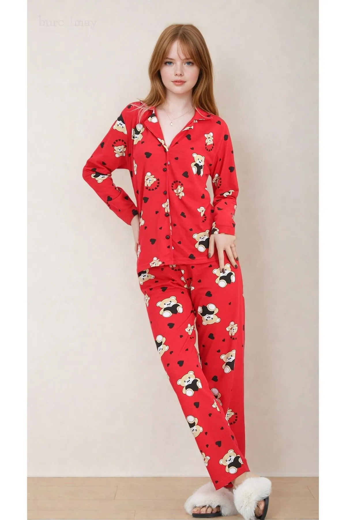 Kadın Ayıcıklı Uzun Kollu Önden Düğmeli Gömlek Yaka Kırmızı Pijama Takımı