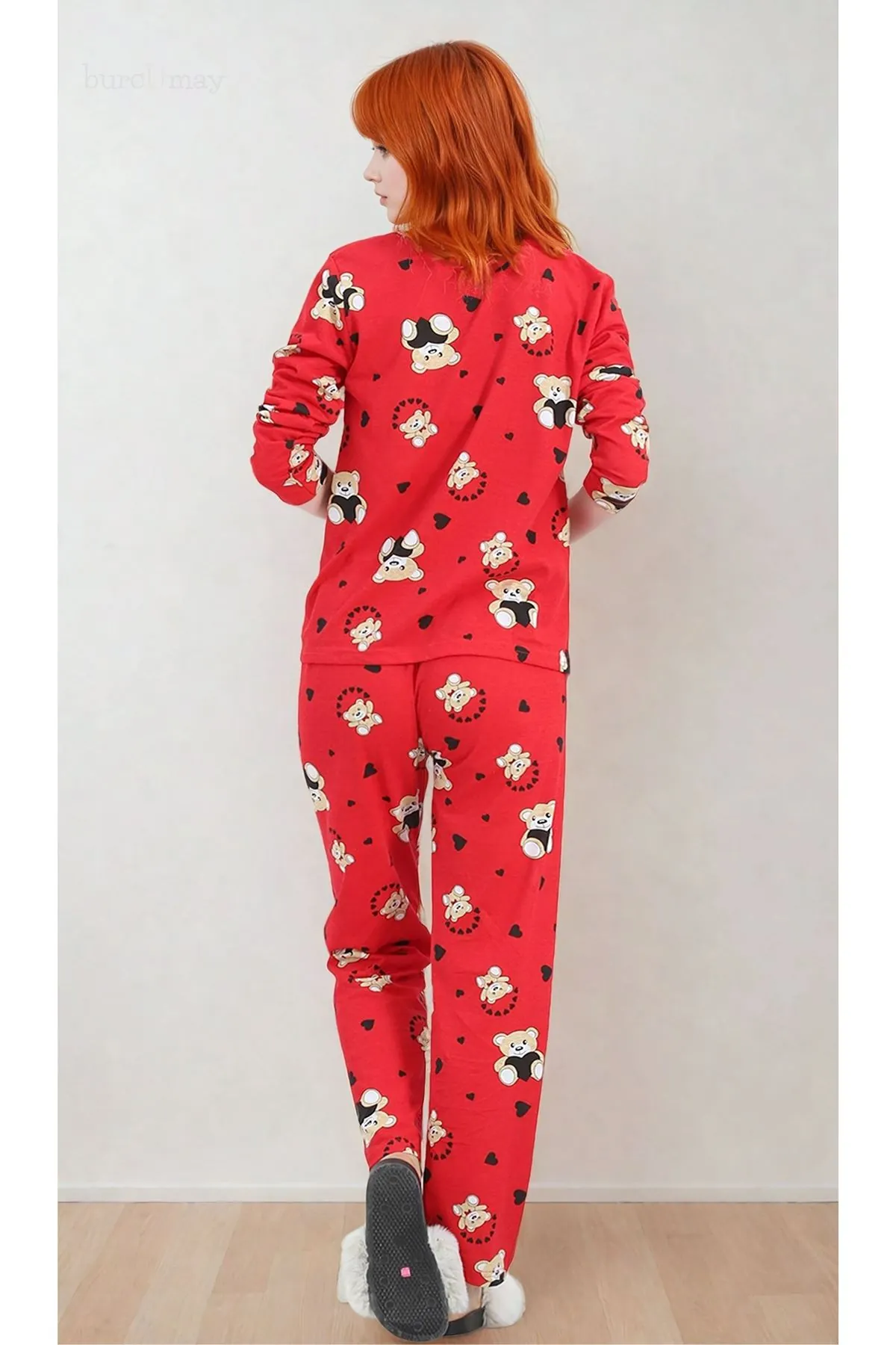 Kadın Ayıcıklı Uzun Kollu Önden Düğmeli Gömlek Yaka Kırmızı Pijama Takımı