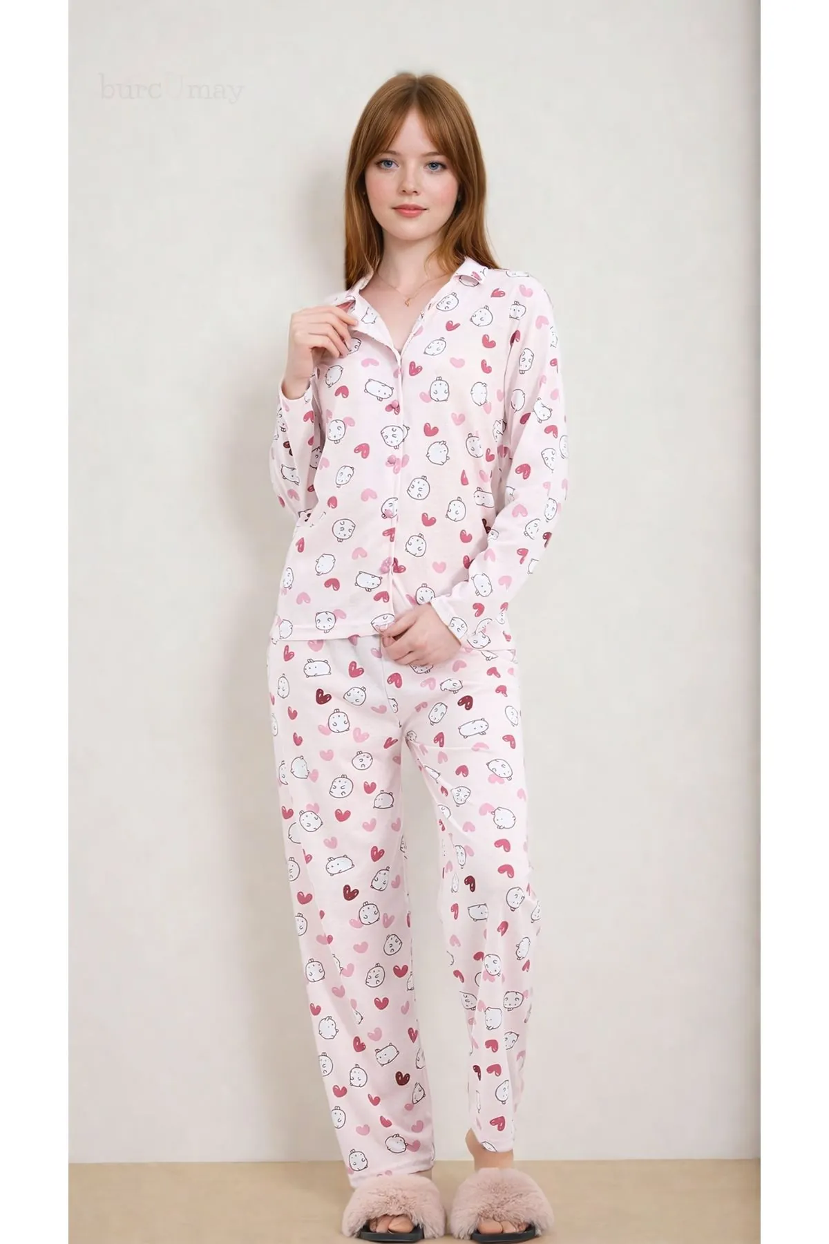 Kadın Kalpli Desenli Uzun Kollu Önden Düğmeli Gömlek Yaka Pembe Pijama Takımı