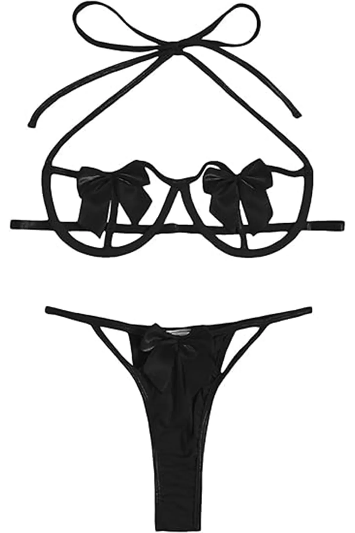 Women's Black Bow Detailed Sexy Fantasy Bra and Thong Panty Lingerie Set