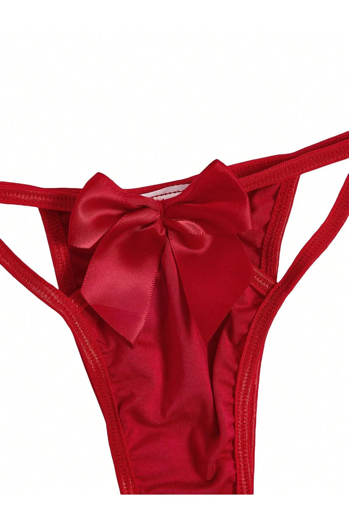 Kadın Kırmızı Fiyonk Detaylı Seksi Fantezi Sütyen Külot Tanga İç Çamaşır Takımı