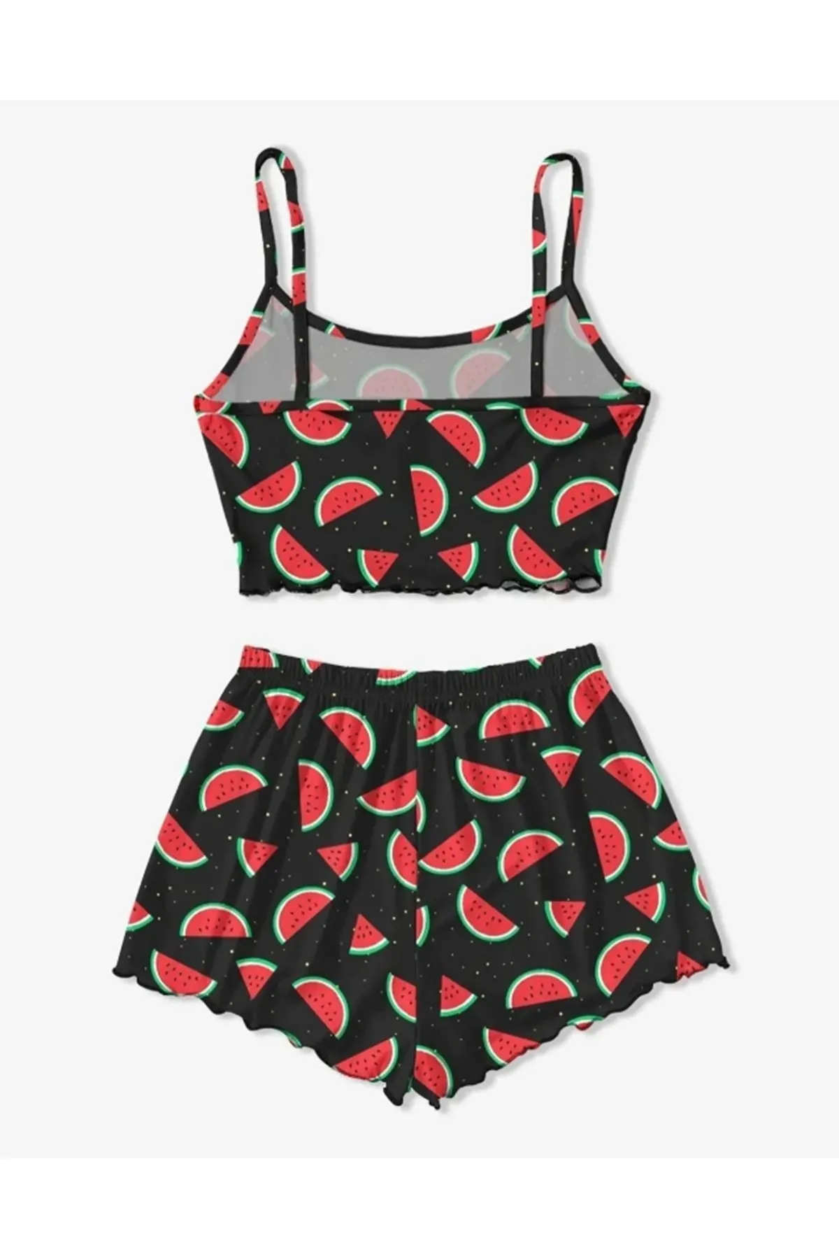 Women's Patterned Summer Sleeveless Black Mini Crop Pajama Set with Shorts