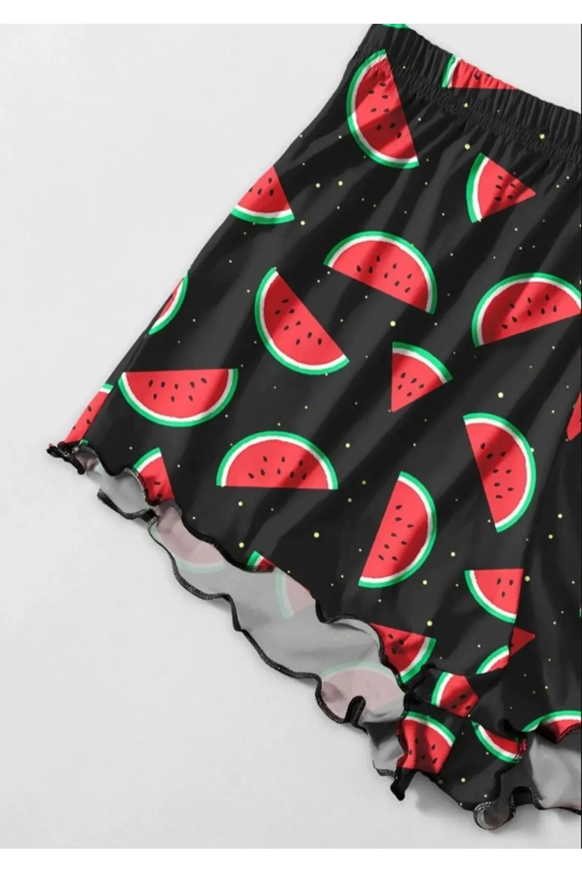 Women's Patterned Summer Sleeveless Black Mini Crop Pajama Set with Shorts