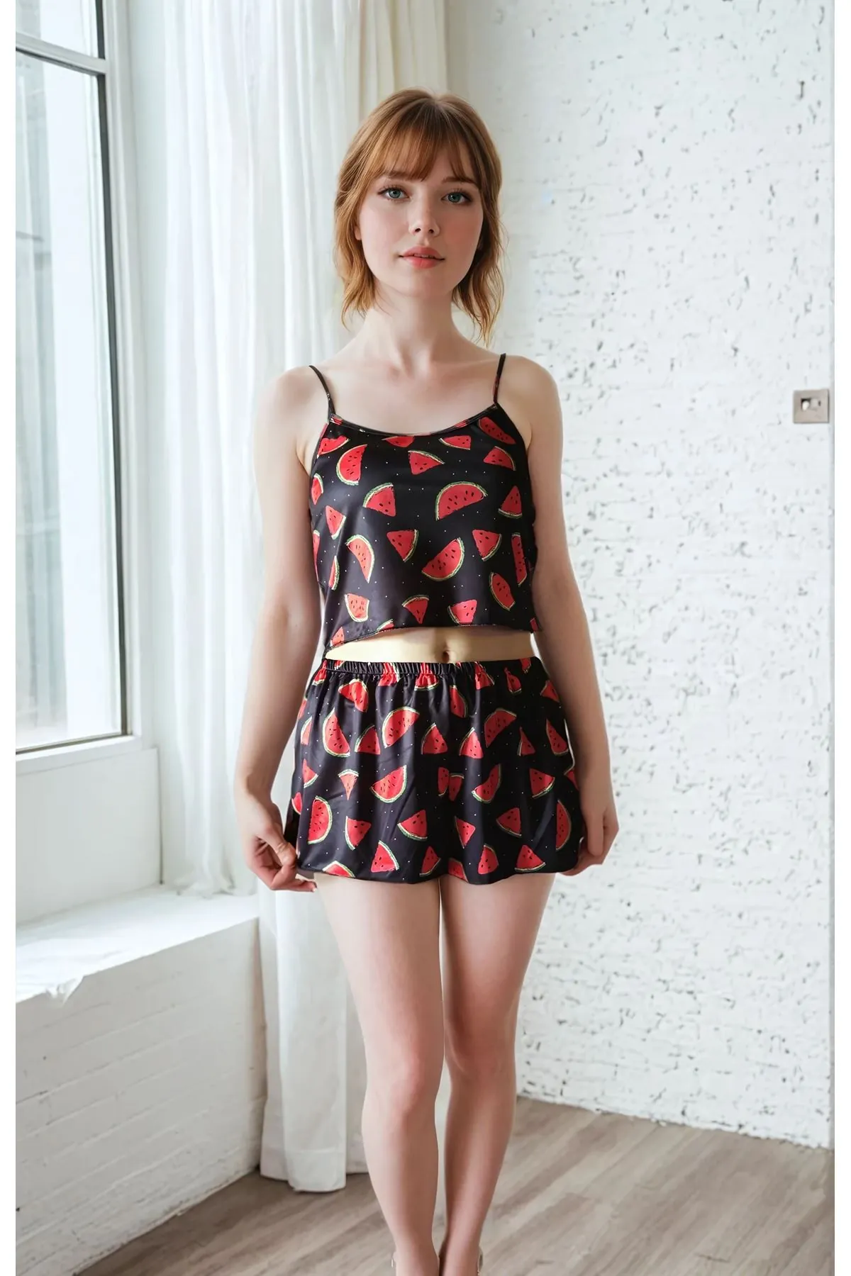 Women's Patterned Summer Sleeveless Black Mini Crop Pajama Set with Shorts