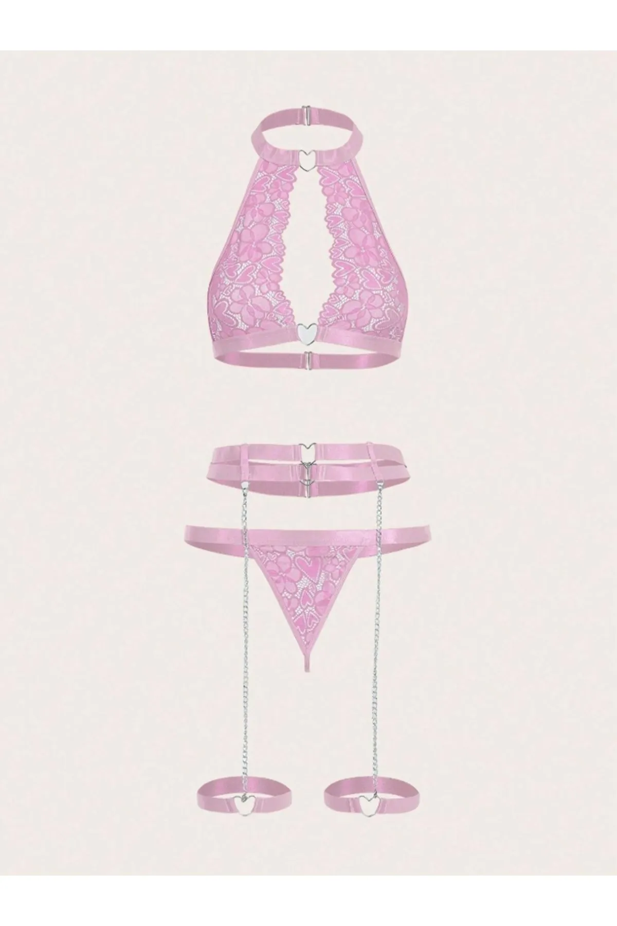 Fuchsia Lace Lingerie Set with Heart & Chain Details