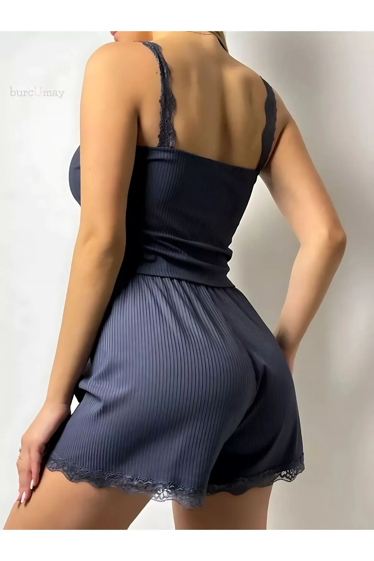 Kadın Dantel Detaylı Safir Mavi Kolsuz Askılı Mini Yazlık Pijama Takımı