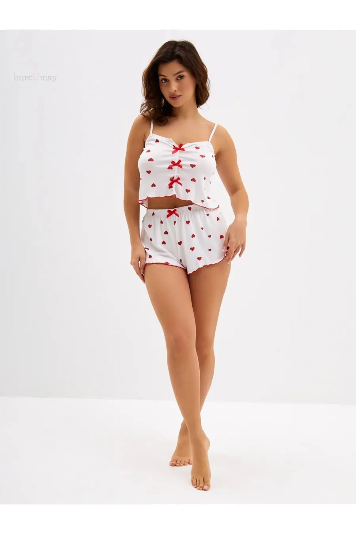 Kadın Kalp Desenli Yazlık Şortlu Askılı Kolsuz Desenli Beyaz Mini Crop Seksi Pijama Takımı