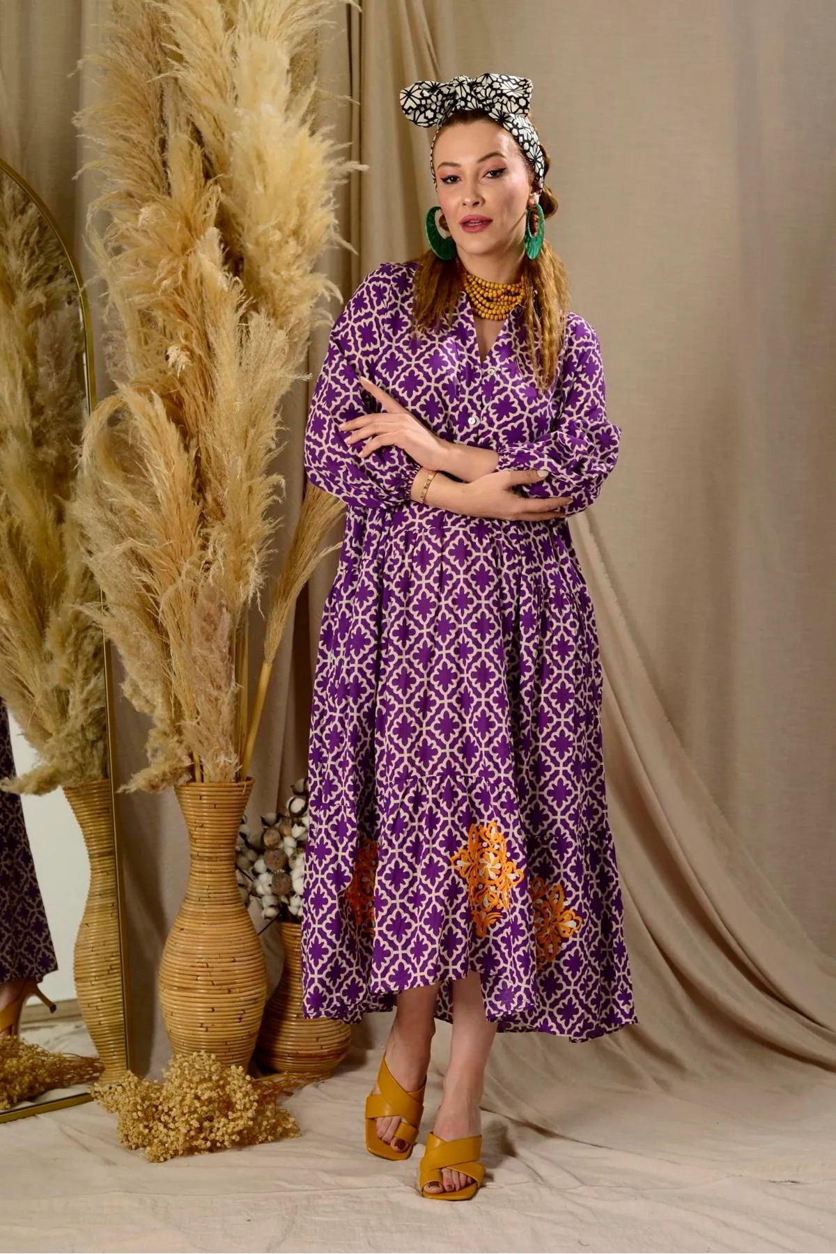 Women's Purple Embroidered Cotton Jalabiya Shirt Dress — Modest Long Pocketed Maxi Style
