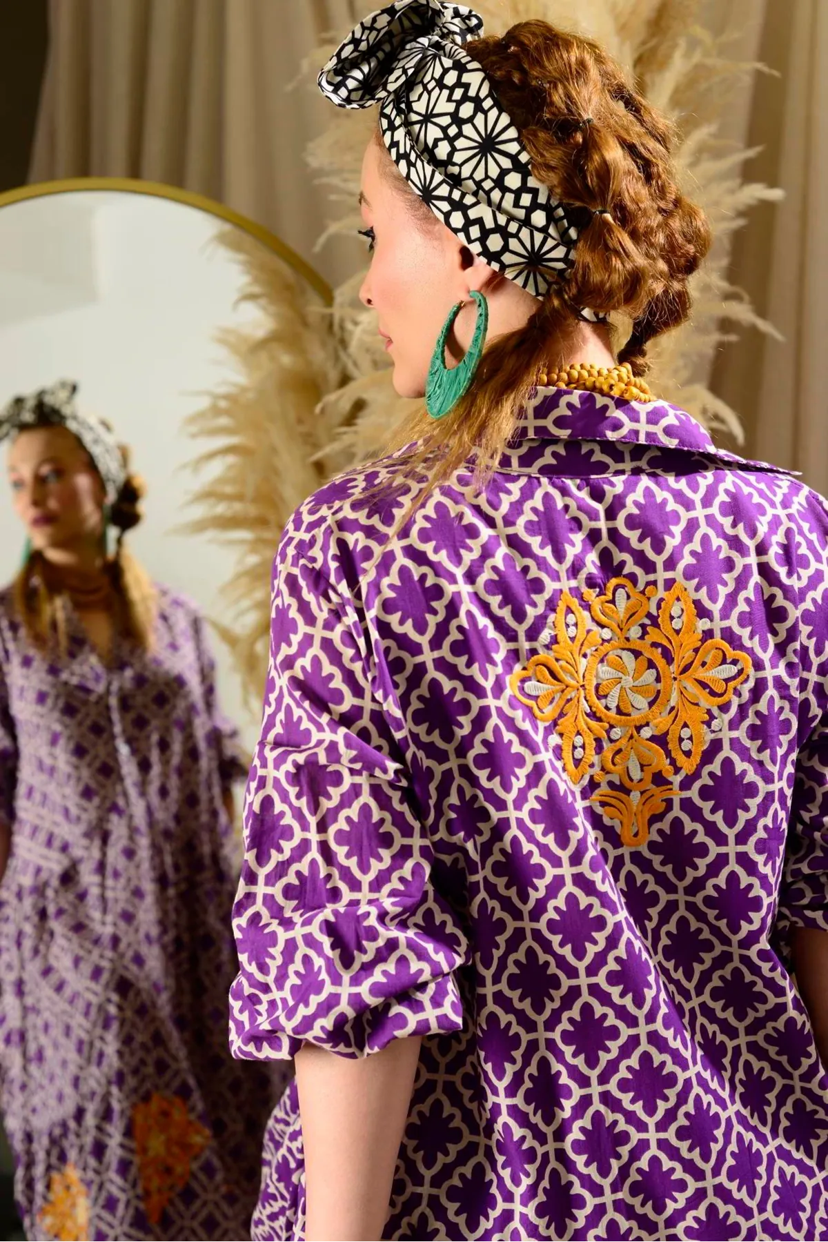 Women's Purple Embroidered Cotton Jalabiya Shirt Dress — Modest Long Pocketed Maxi Style