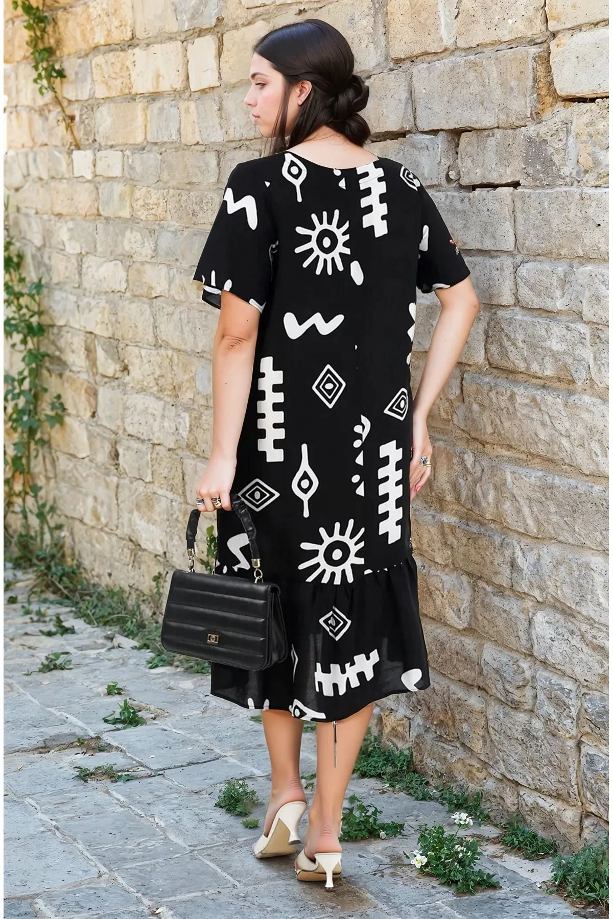 Women's Plus Size Black Ethnic Print Viscose Dress — V-Neck, Pockets & Frill Hem