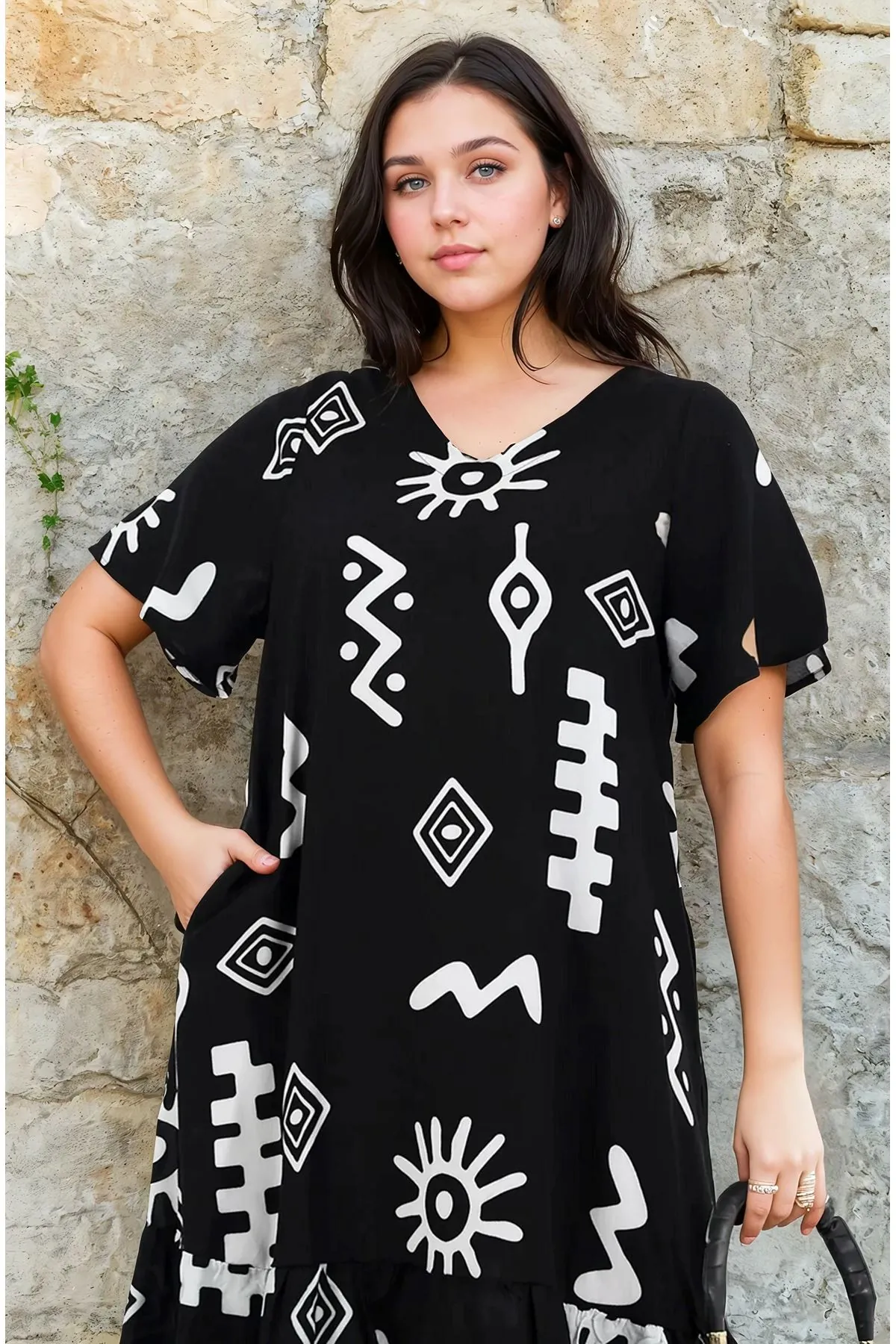 Women's Plus Size Black Ethnic Print Viscose Dress — V-Neck, Pockets & Frill Hem