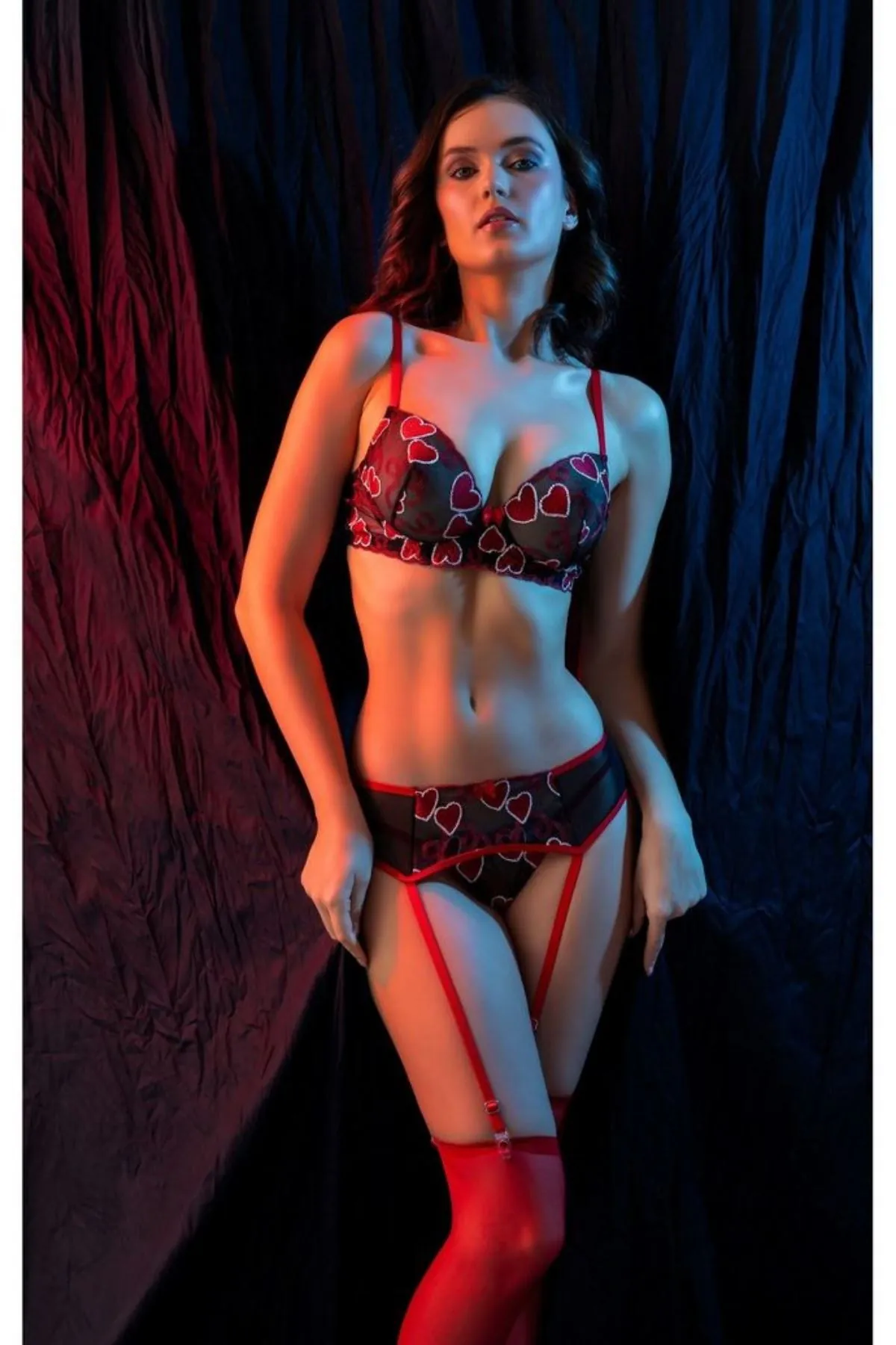 Kırmızı Transparan Dantel String Jartiyer Takımı 4 Parça Fantazi Set