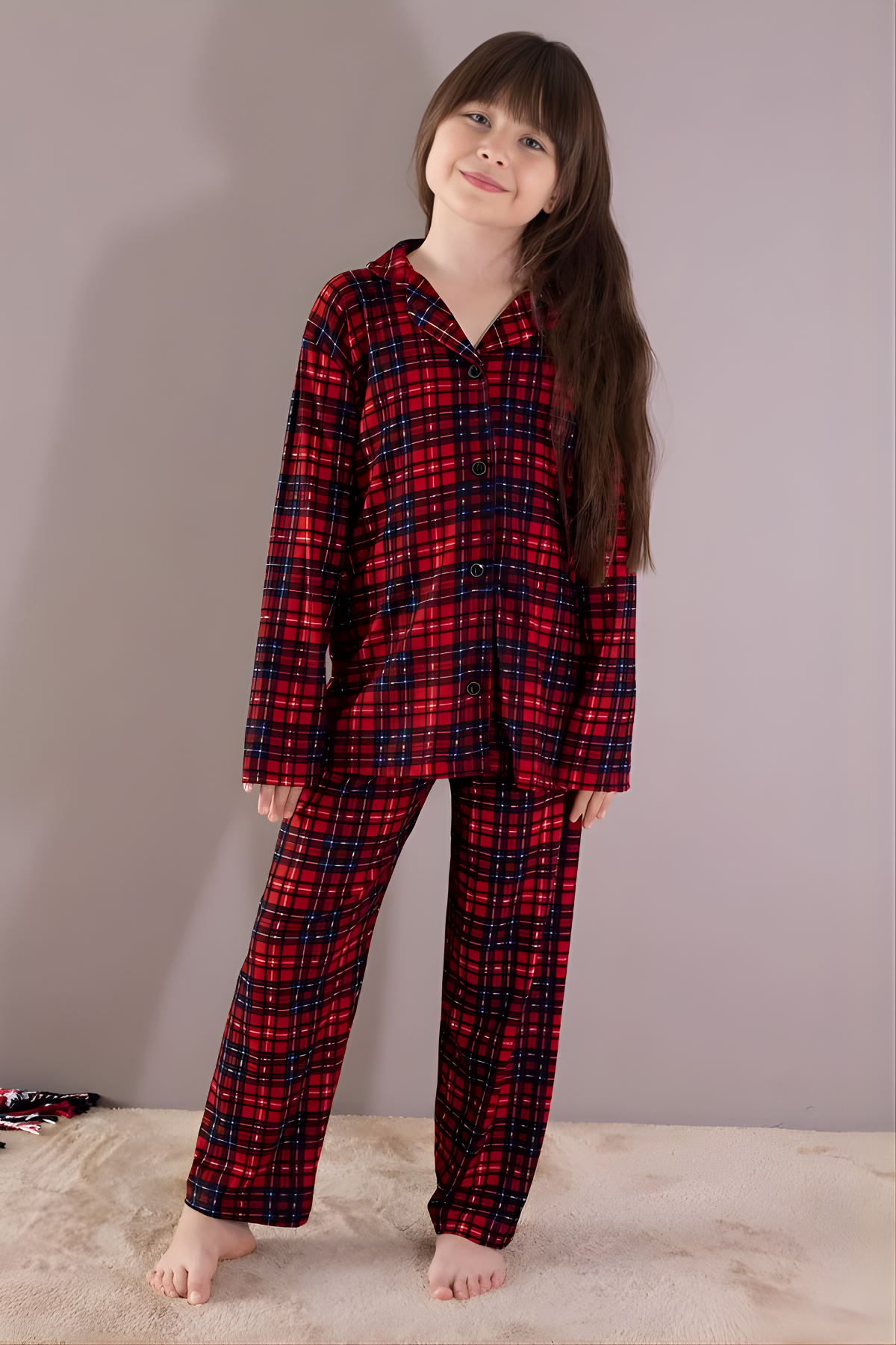 Kırmızı Kışlık Ekoseli Uzun Kol Düğmeli Kız Erkek Çocuk Pijama Takımı