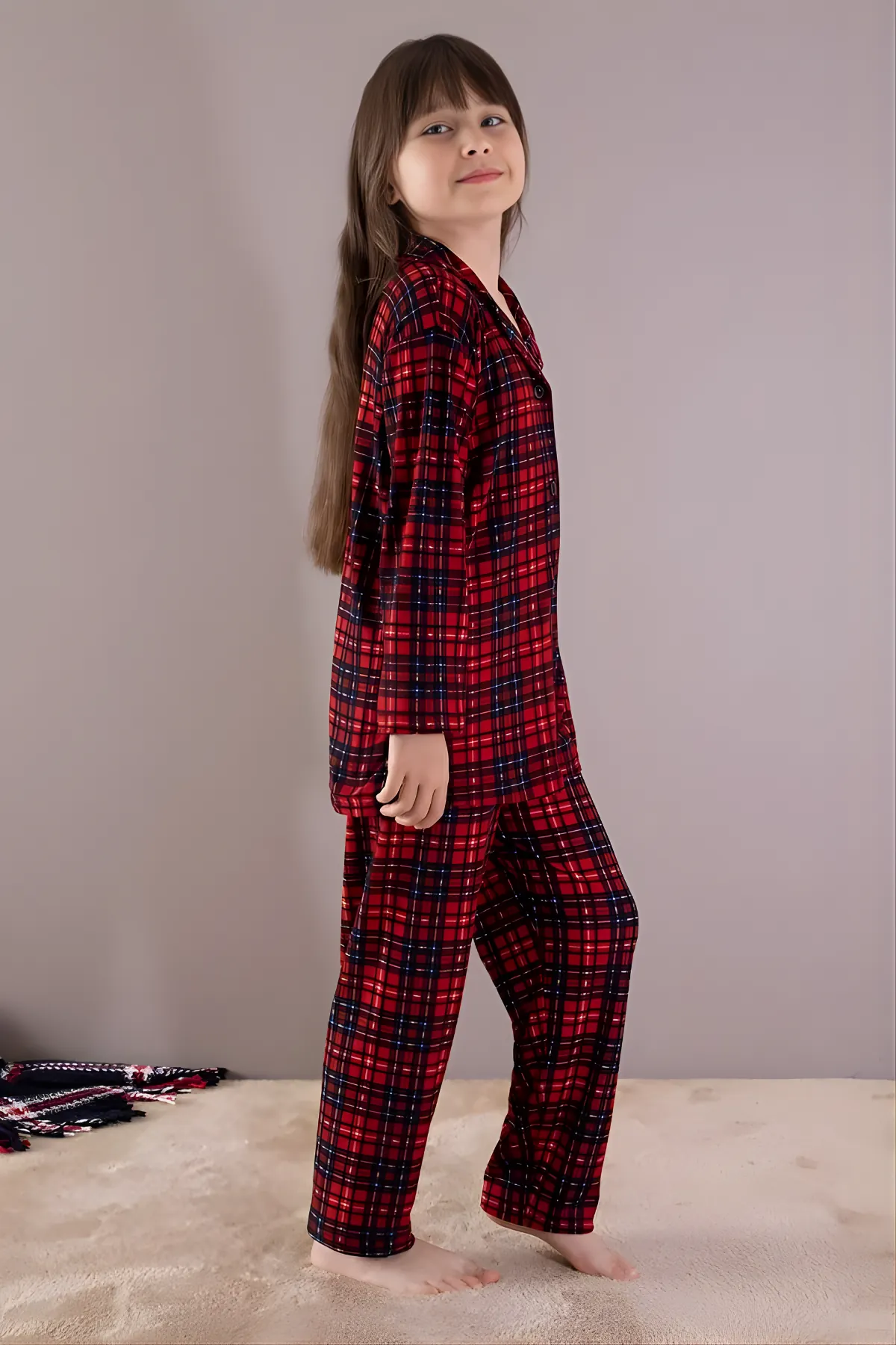 Kırmızı Kışlık Ekoseli Uzun Kol Düğmeli Kız Erkek Çocuk Pijama Takımı