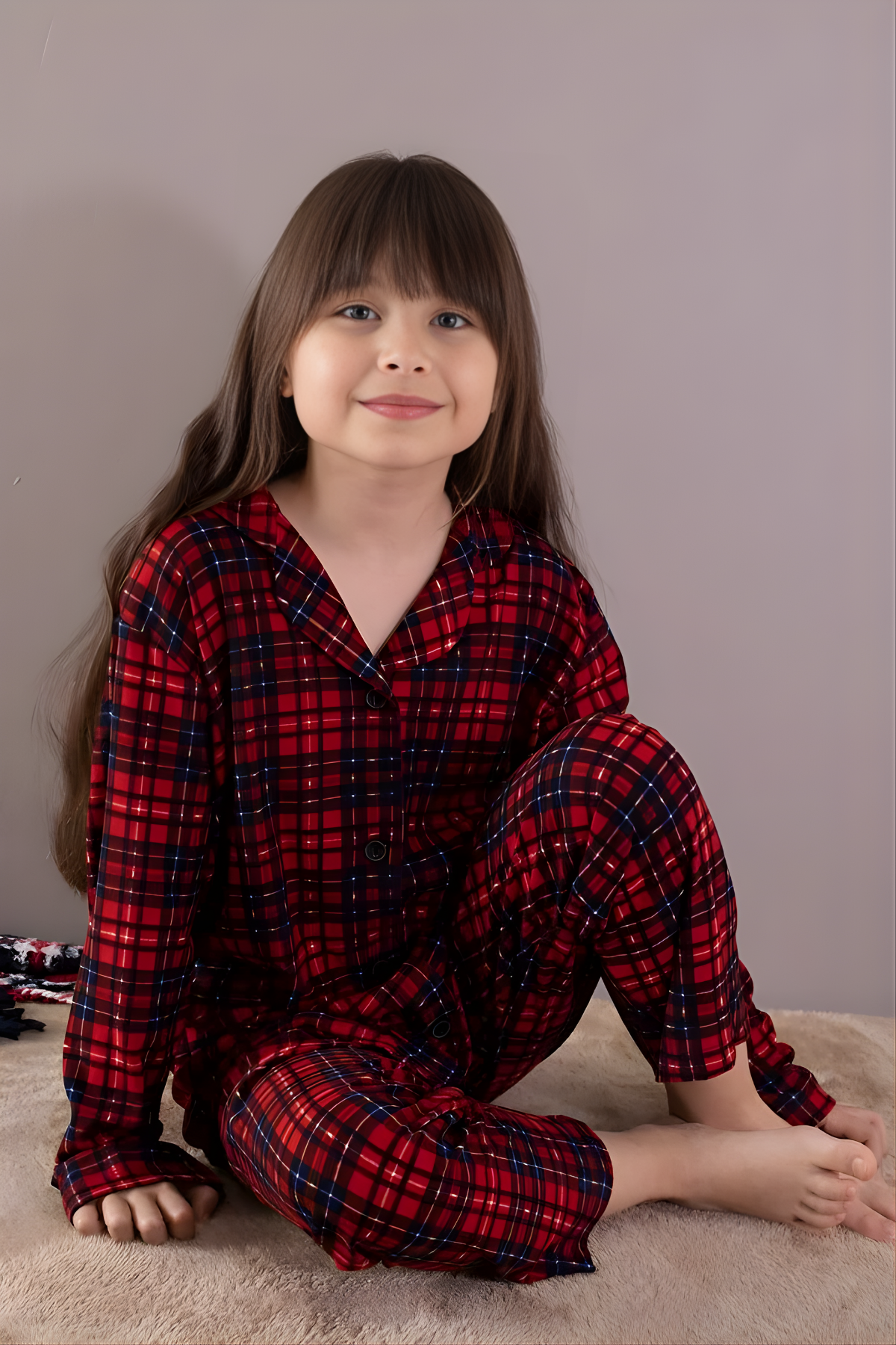 Kırmızı Kışlık Ekoseli Uzun Kol Düğmeli Kız Erkek Çocuk Pijama Takımı