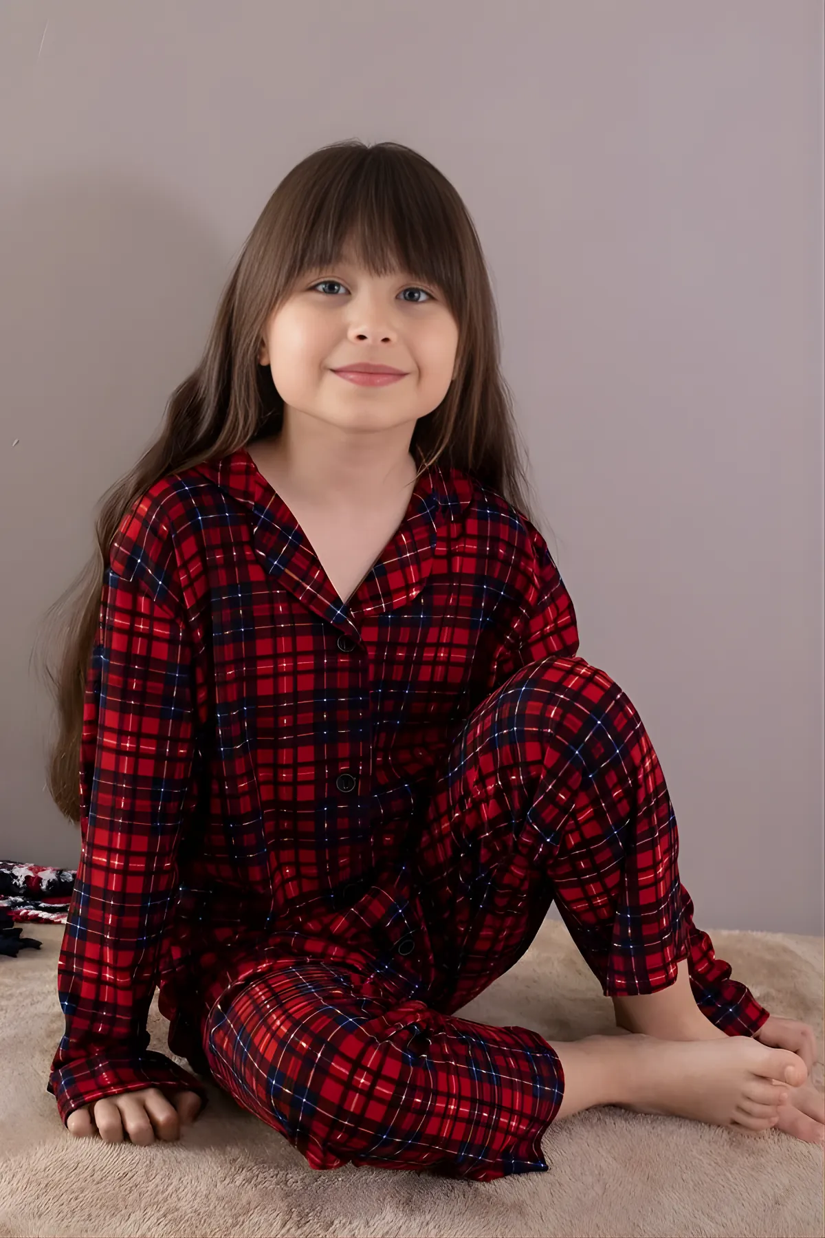 Kırmızı Kışlık Ekoseli Uzun Kol Düğmeli Kız Erkek Çocuk Pijama Takımı